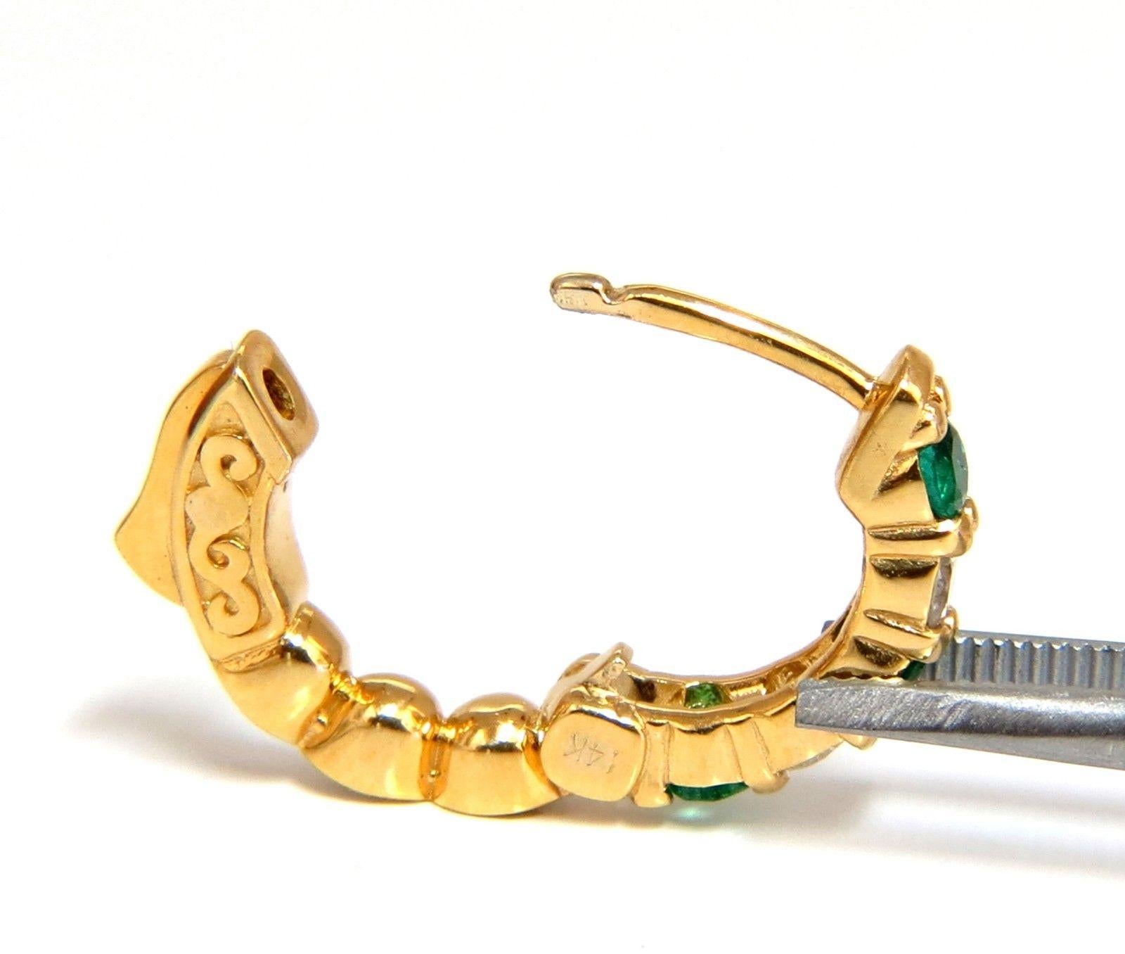 Round Cut 1.20 Carat Natural Emerald Diamonds Alternated Hoop Earrings 14 Karat
