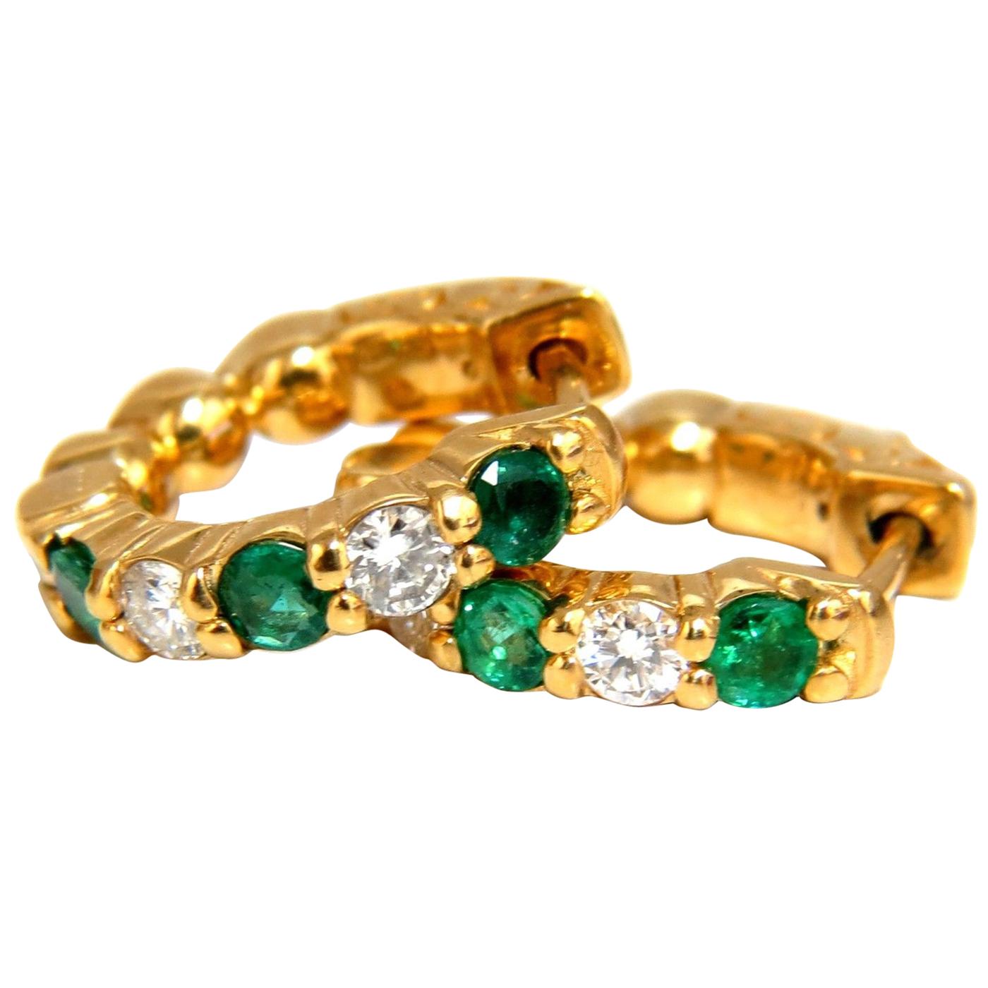 1.20 Carat Natural Emerald Diamonds Alternated Hoop Earrings 14 Karat