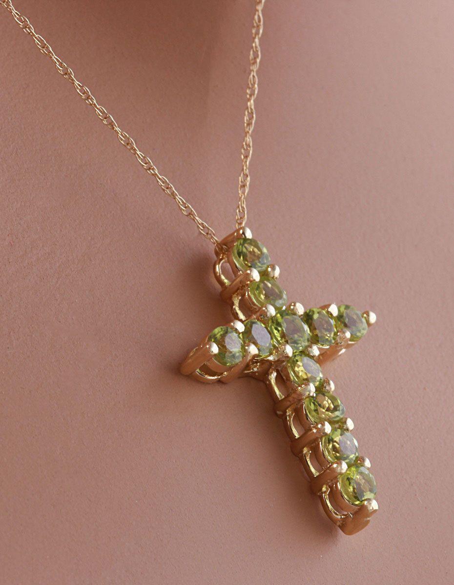 Round Cut 1.20 Carat Natural Green Peridot 14K Solid Yellow Gold Cross Pendant with Chain For Sale
