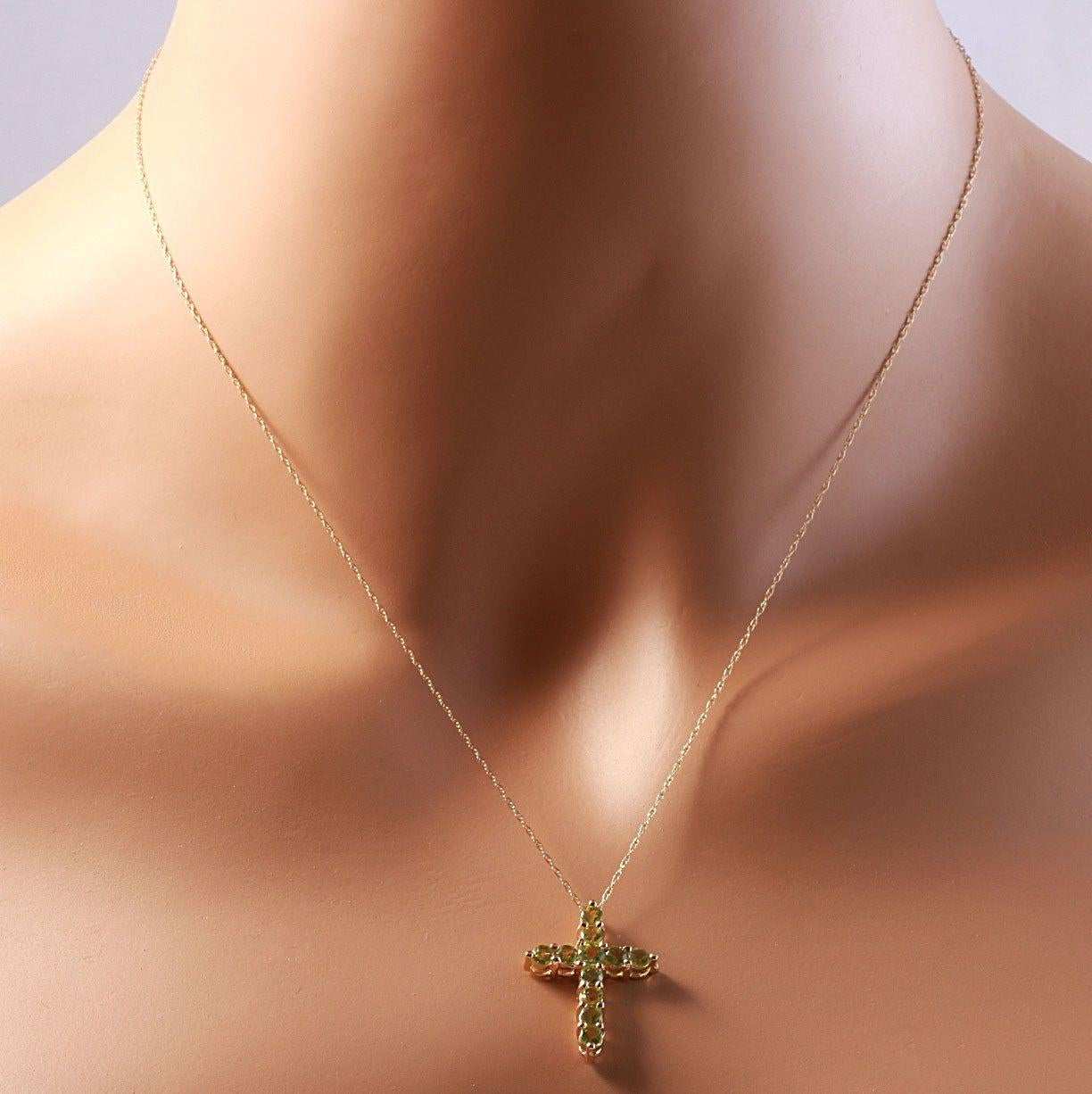 Women's 1.20 Carat Natural Green Peridot 14K Solid Yellow Gold Cross Pendant with Chain For Sale
