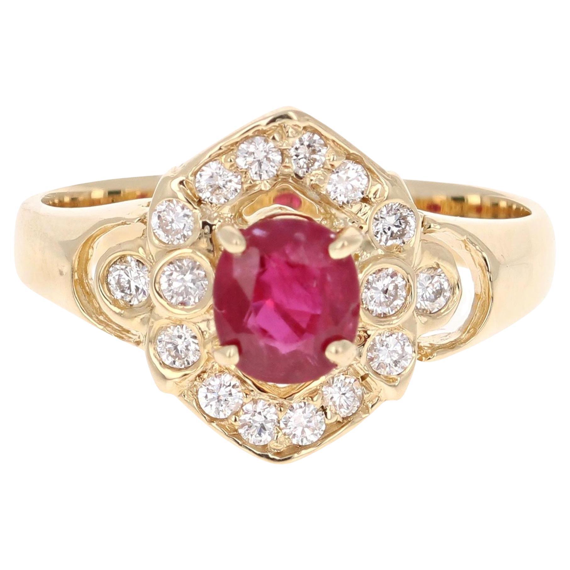 1.20 Carat Natural Oval Cut Burmese Ruby Diamond 14 Karat Yellow Gold Ring