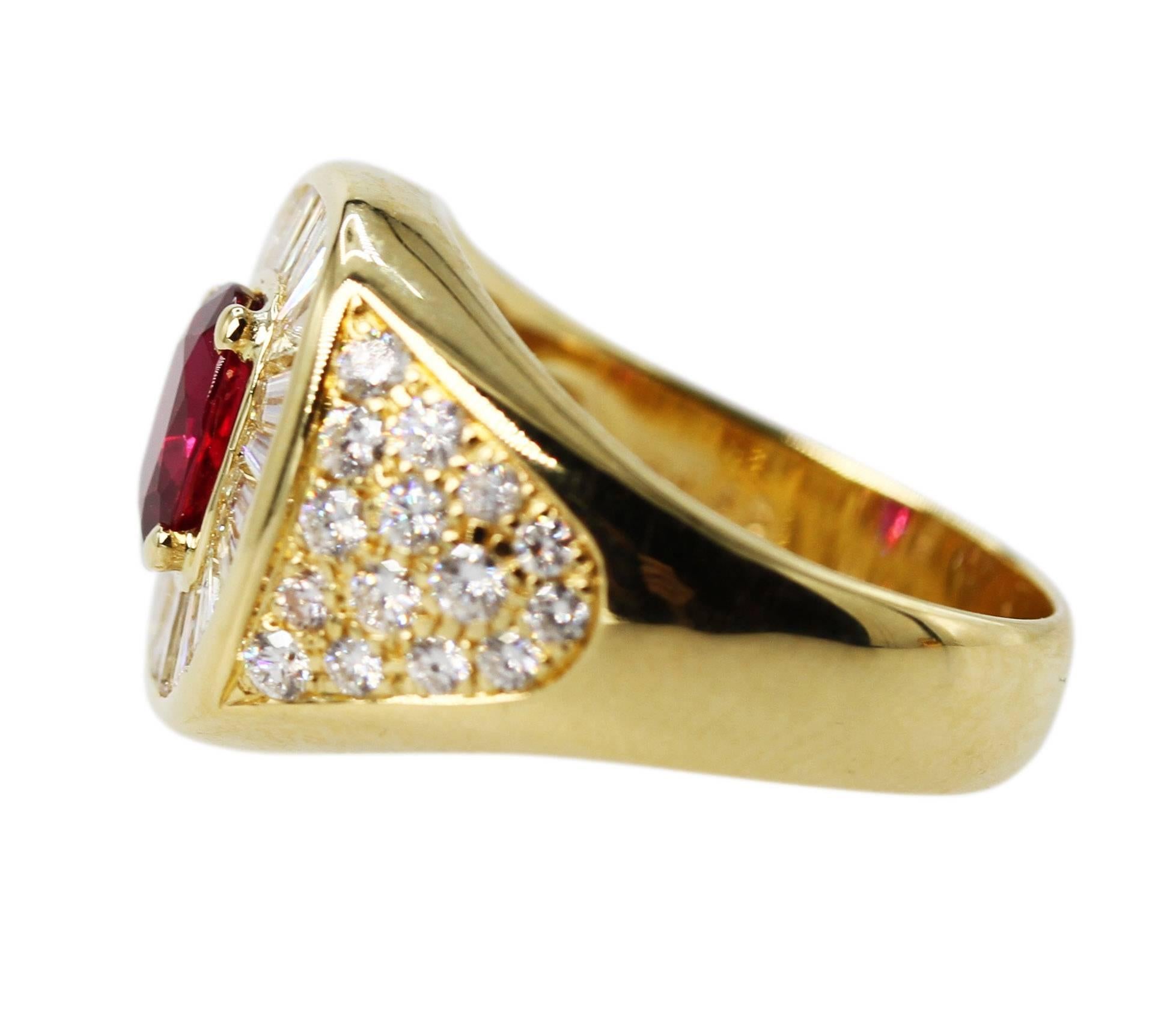 18 Karat Yellow Gold, Ruby Diamond Ring
• Stamped 750, 1.20ct, D1.85, 318AL
• Oval ruby approximately 1.20 carats
• 24 baguette and 30 round diamonds approximately 1.85 carats
• Size 7, gross weight 10.3 grams
The ruby is natural and of exceptional