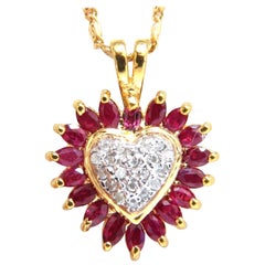 1.20 Carat Natural Ruby and Diamonds Heart Necklace 14 Karat