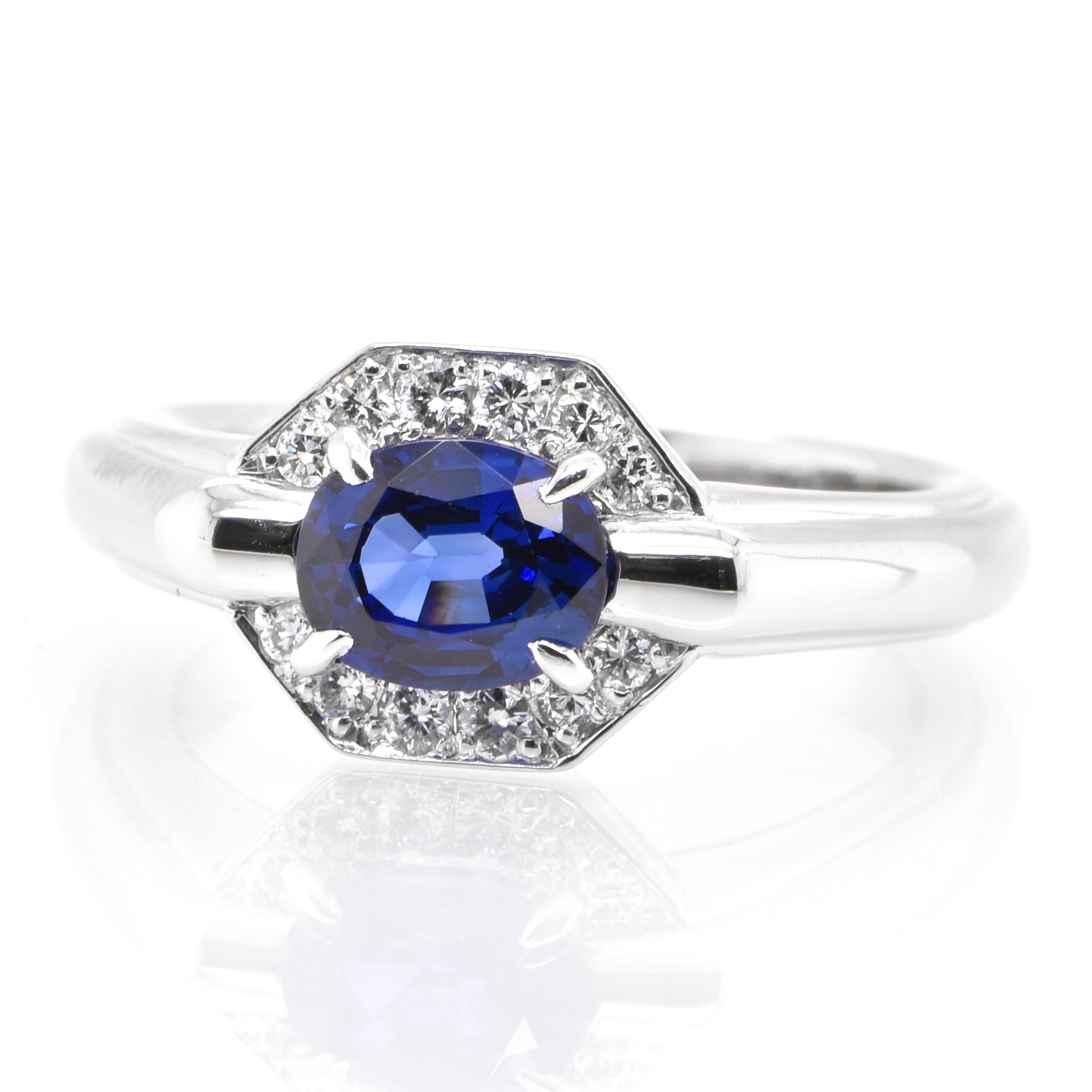 A beautiful ring featuring 1.20 Carat Natural Sapphire and 0.17 Carats Diamond Accents set in Platinum. Sapphires have extraordinary durability - they excel in hardness as well as toughness and durability making them very popular in jewelry.