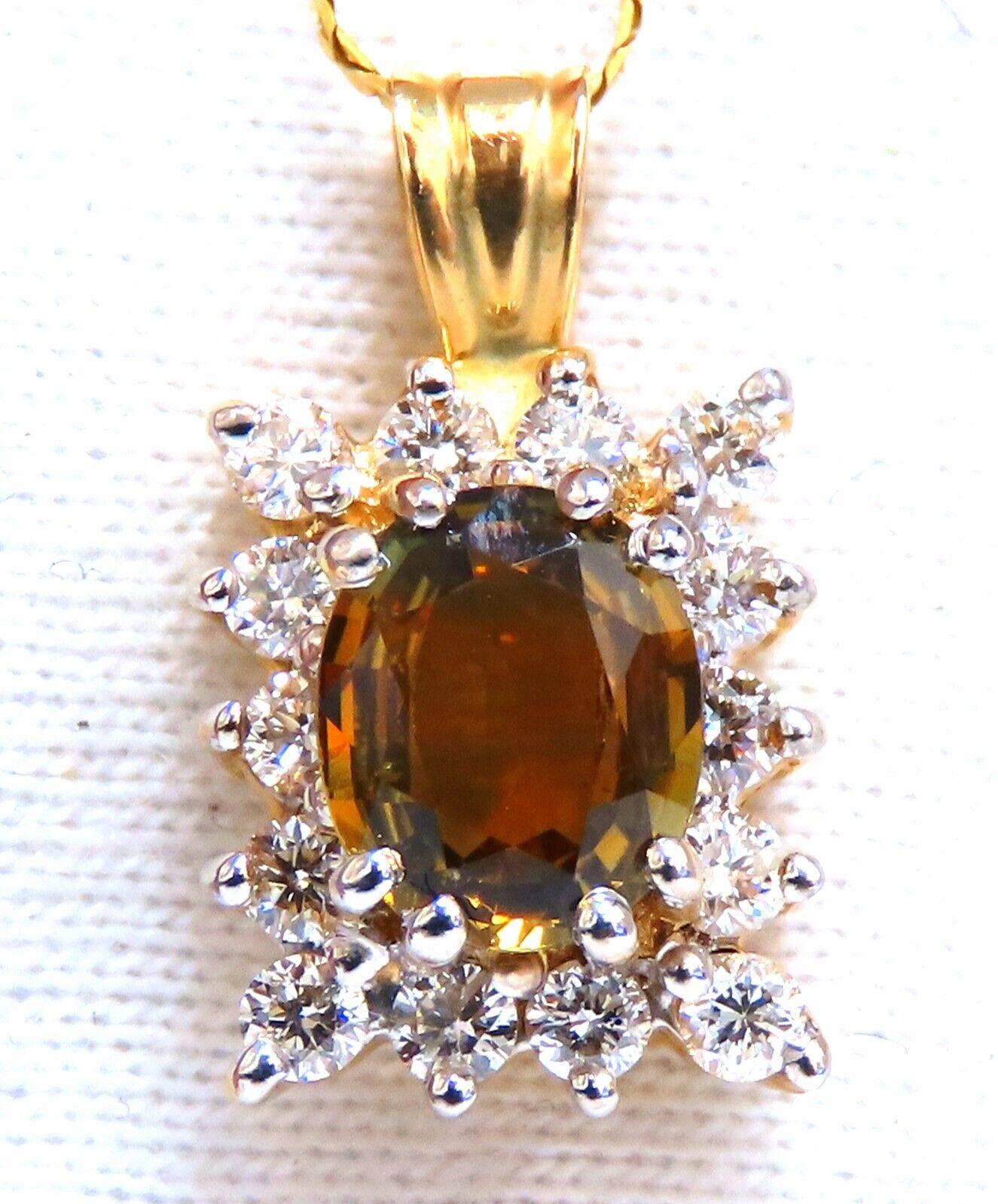 Oval Cut 1.20 Carat Natural Yellow Brown Sapphire Diamonds Necklace 14 Karat For Sale