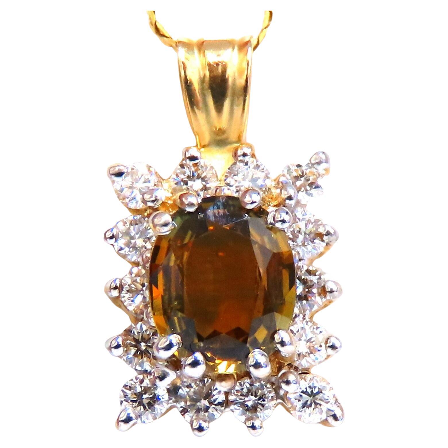1.20 Carat Natural Yellow Brown Sapphire Diamonds Necklace 14 Karat For Sale
