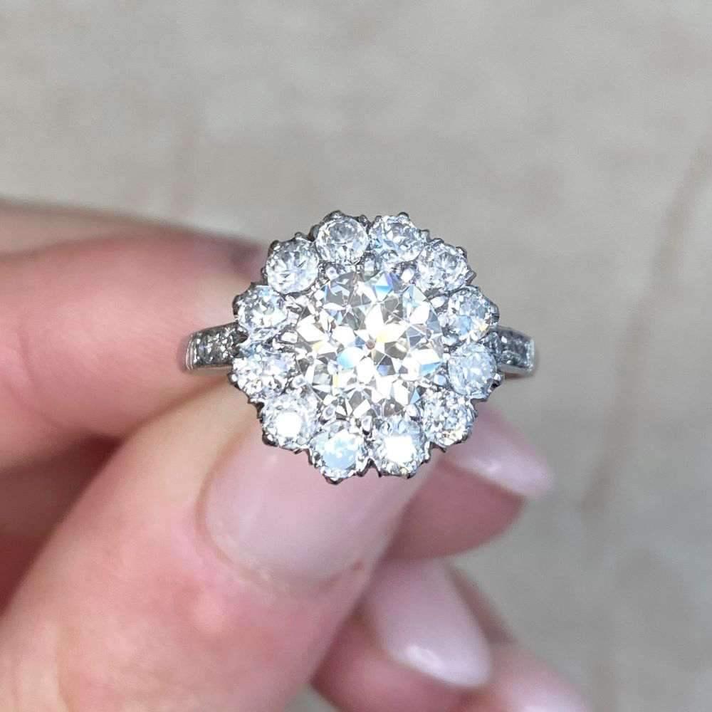 1.20 Carat Old Euro-Cut Diamond Engagement Ring, Diamond Halo, Platinum For Sale 5