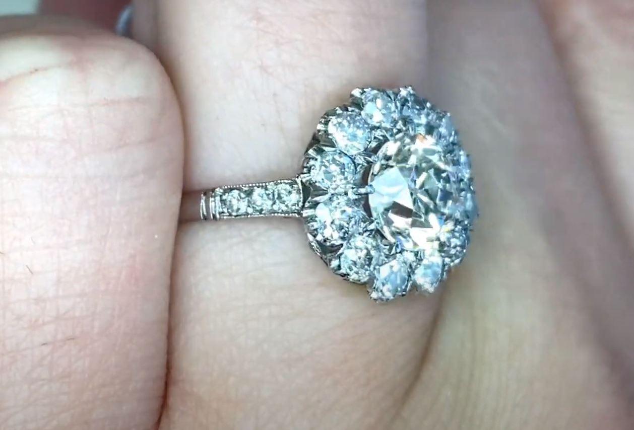 Women's 1.20 Carat Old Euro-Cut Diamond Engagement Ring, Diamond Halo, Platinum For Sale