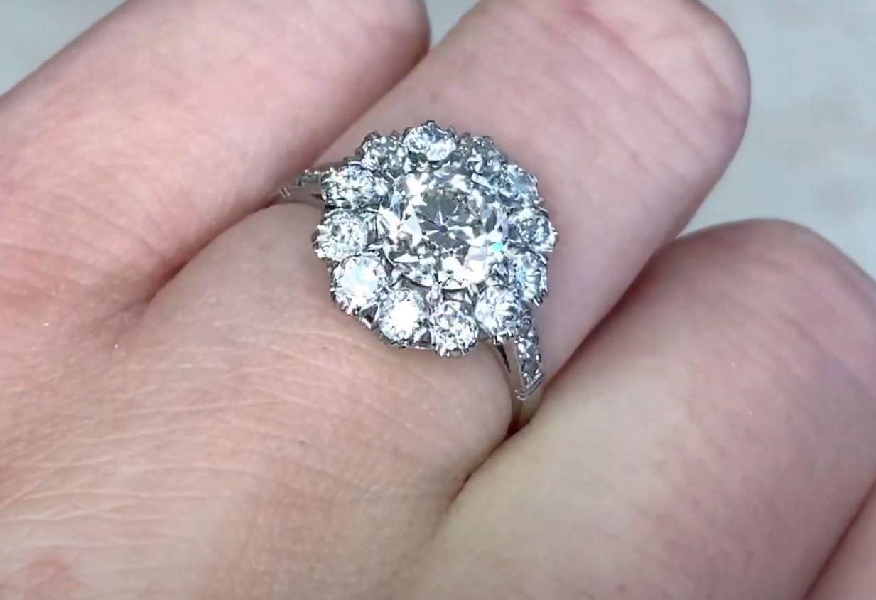 1.20 Carat Old Euro-Cut Diamond Engagement Ring, Diamond Halo, Platinum For Sale 1