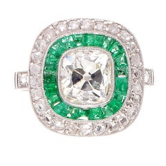 1.20 Carat Old Mine Cut Diamond Emerald Platinum Engagement Ring