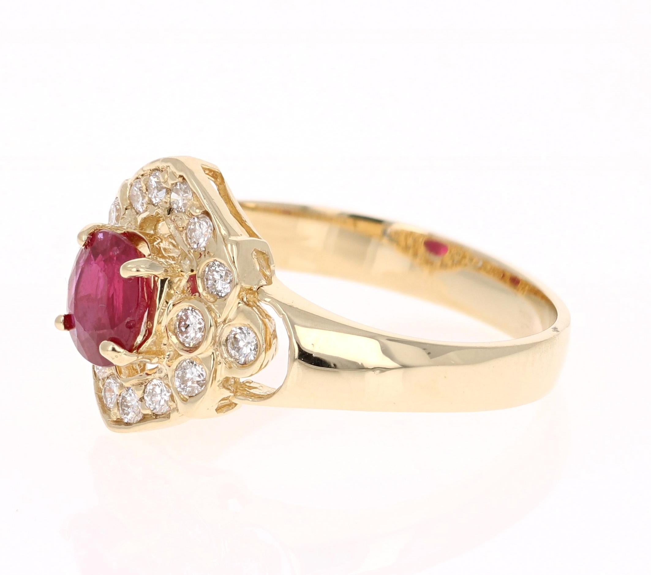 Contemporary 1.20 Carat Oval Cut Burmese Ruby Diamond 14 Karat Yellow Gold Cluster Ring For Sale
