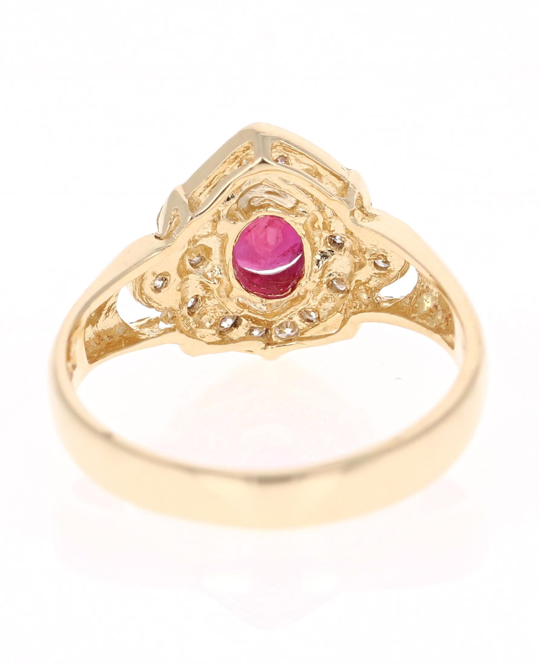 1.20 Carat Oval Cut Burmese Ruby Diamond 14 Karat Yellow Gold Cluster Ring In New Condition For Sale In Los Angeles, CA