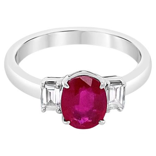 1.20 Carat Oval Cut Ruby with 0.30ctw in Emerald Cut Diamonds, Platinum For Sale