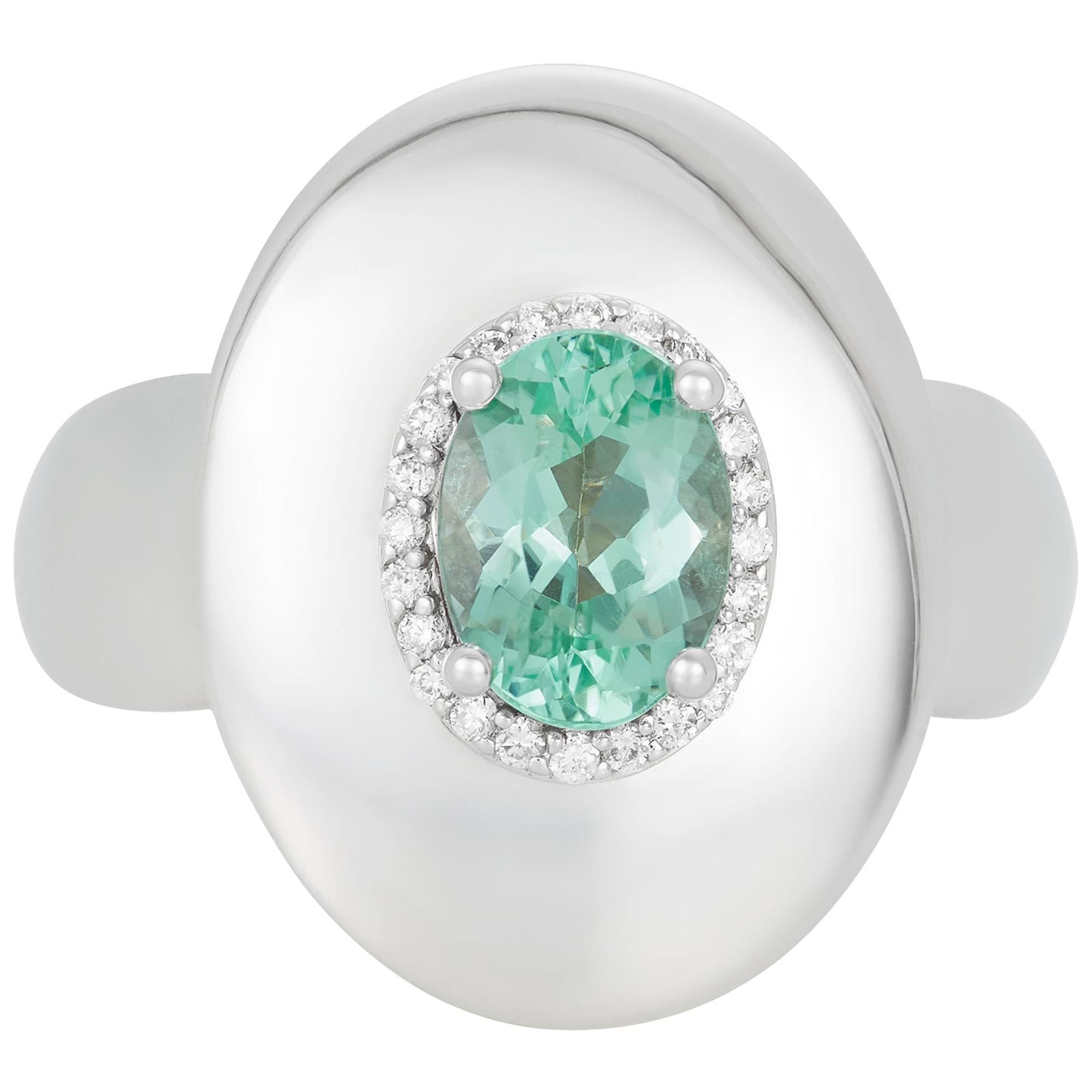 1.20 Carat Oval Paraiba Tourmaline and Diamond Ring 14 Karat White Gold