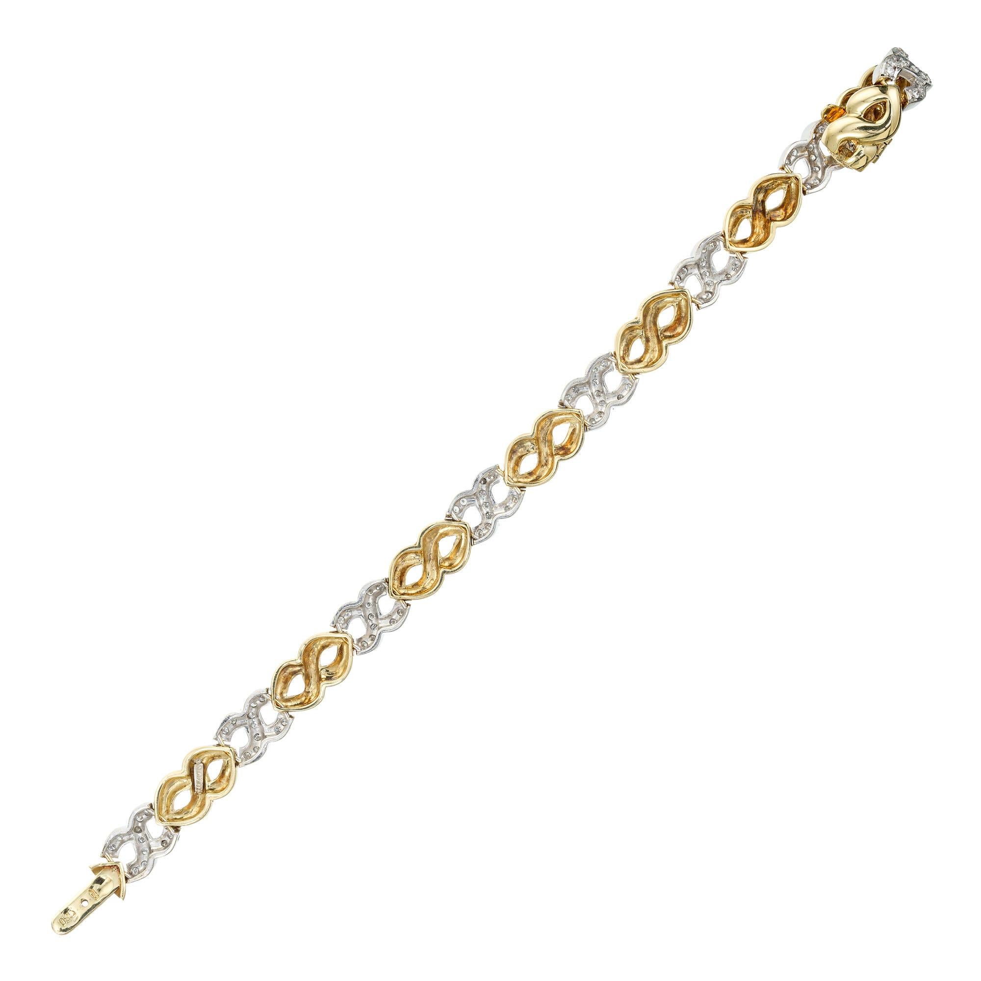 Round Cut 1.20 Carat Pave Diamond Yellow White Gold Swirl Link Bracelet For Sale