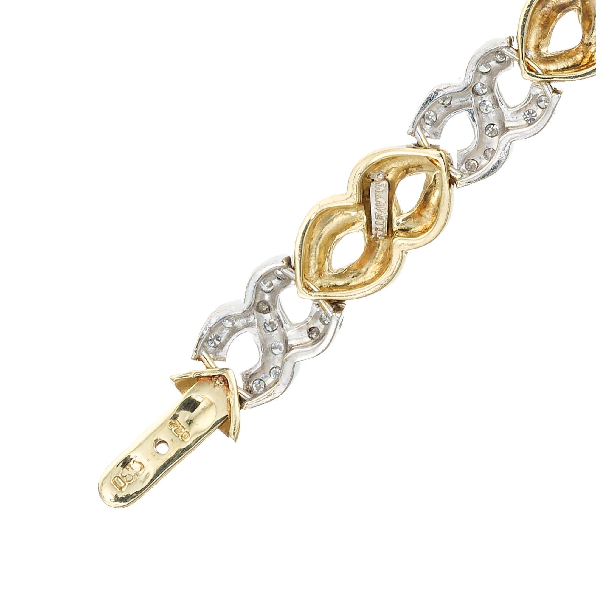 1.20 Carat Pave Diamond Yellow White Gold Swirl Link Bracelet In Good Condition For Sale In Stamford, CT