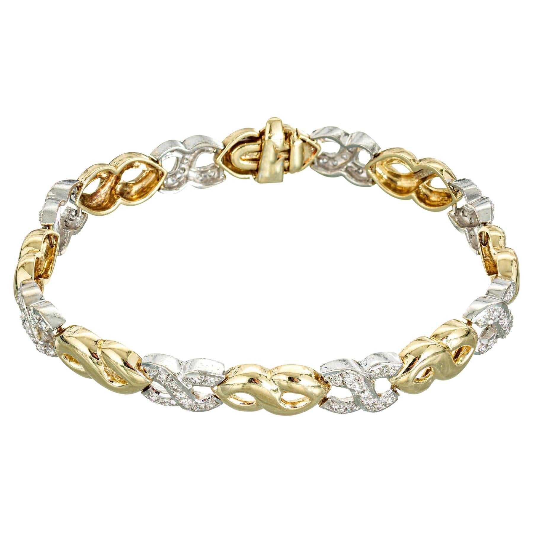1.20 Carat Pave Diamond Yellow White Gold Swirl Link Bracelet