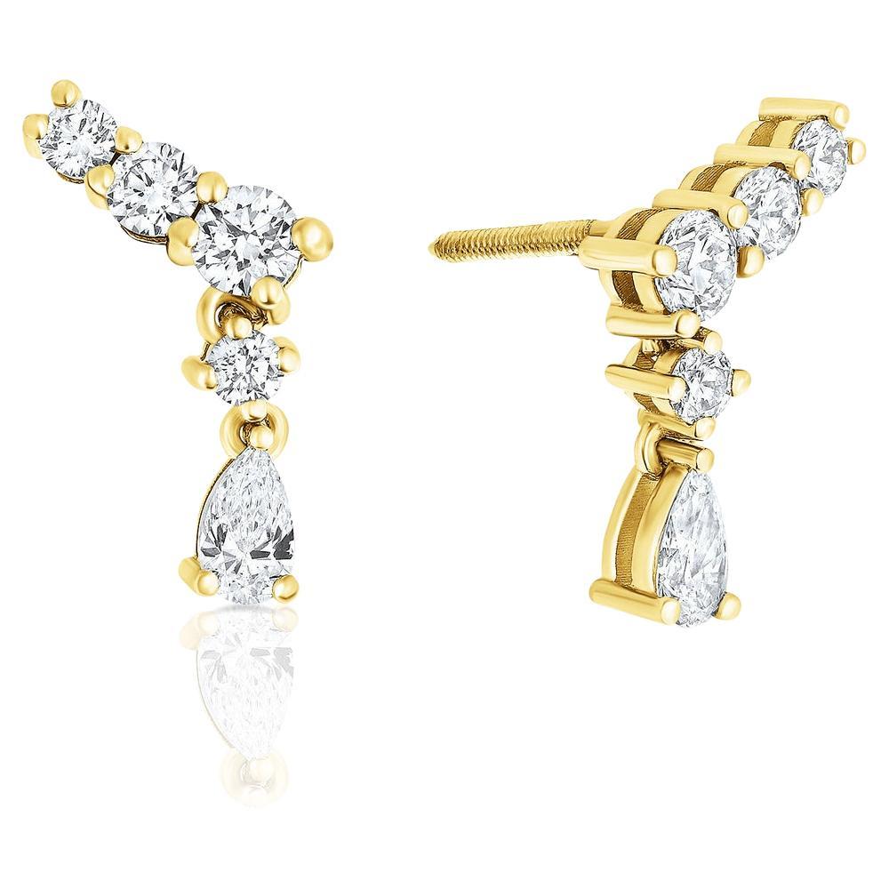 1.20 Carat Pear & Round Diamond Ear Climbers in 14K Yellow Gold, Shlomit Rogel For Sale