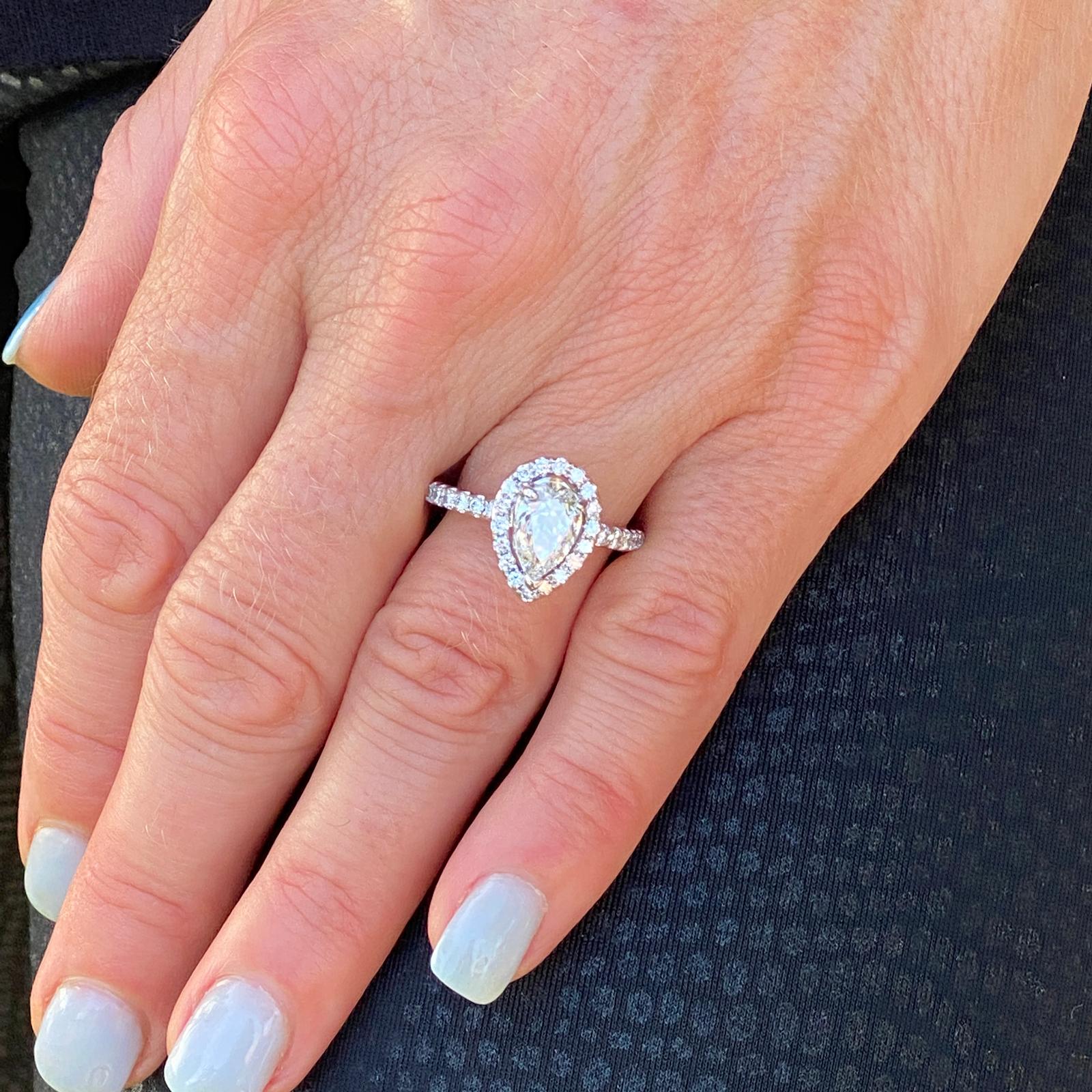 Women's 1.20 Carat Pear Shape Diamond Engagement Ring Halo 14 Karat White Gold GIA F/SI2
