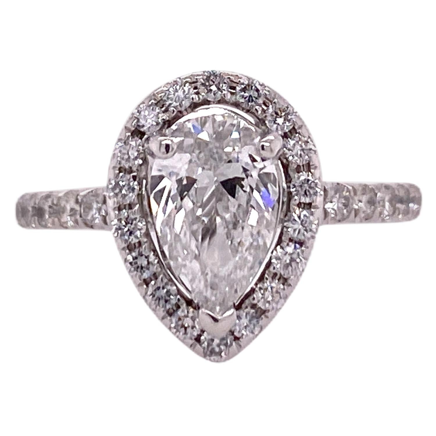1.20 Carat Pear Shape Diamond Engagement Ring Halo 14 Karat White Gold GIA F/SI2