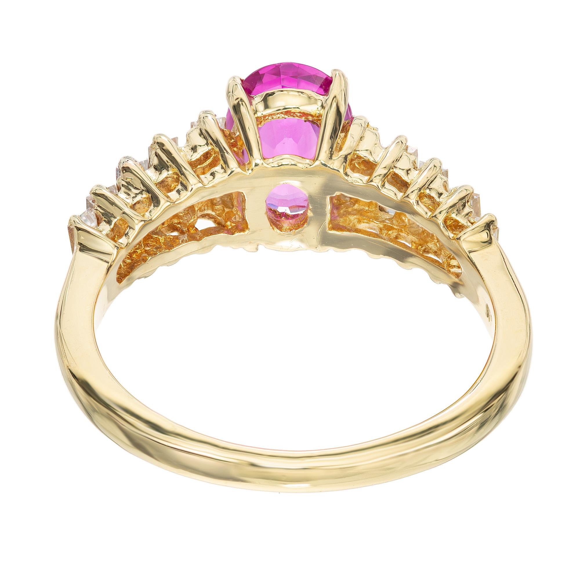 1.20 Carat Pink Oval Sapphire Graduated Diamond Gold Engagement Ring For Sale 1