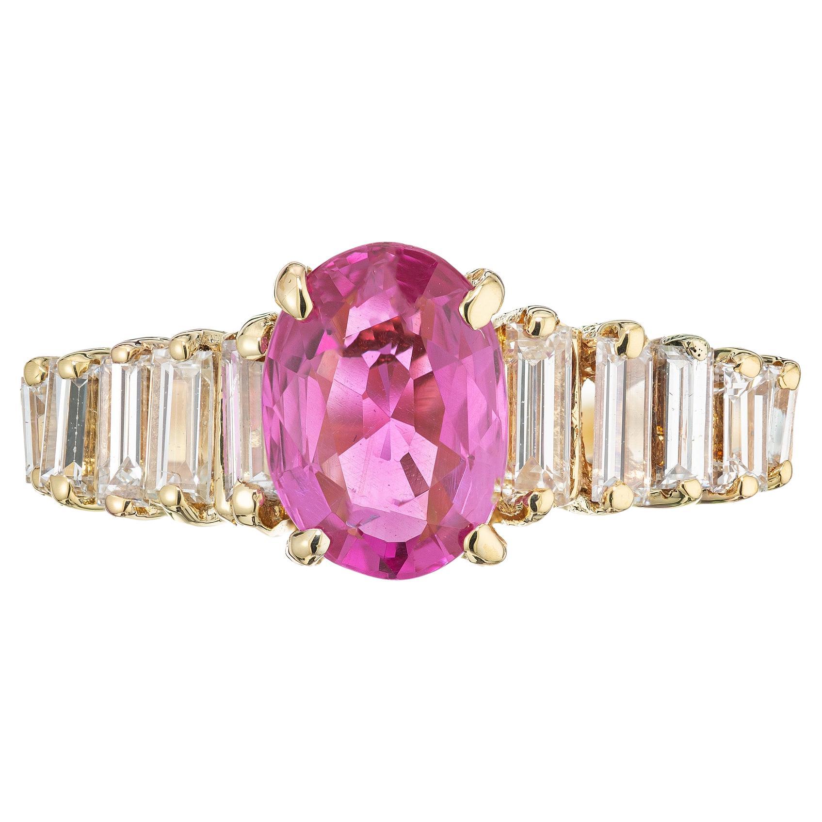 1.20 Carat Pink Oval Sapphire Graduated Diamond Gold Engagement Ring For Sale