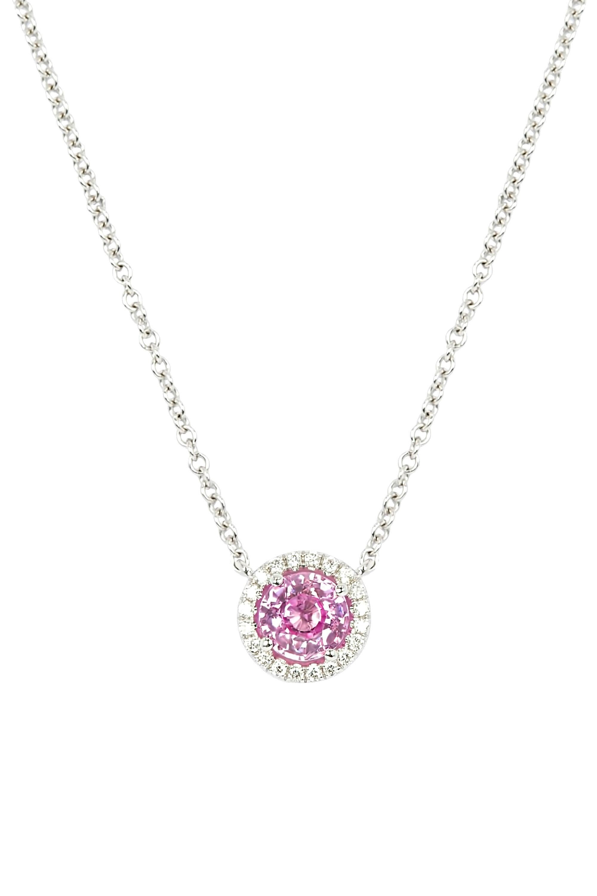 pink sapphire and diamond halo necklace