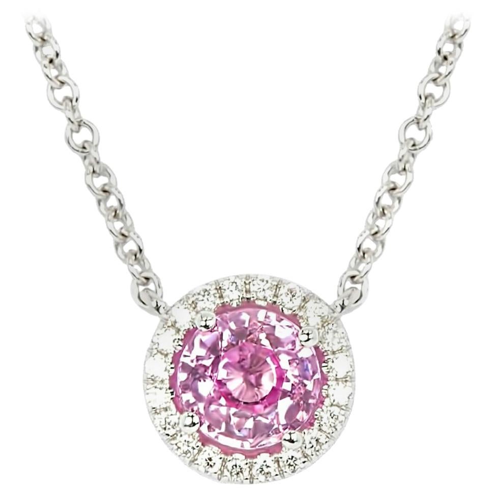 Gems Are Forever 1.20 Carat Pink Sapphire and Diamond Halo Pendant Necklace For Sale