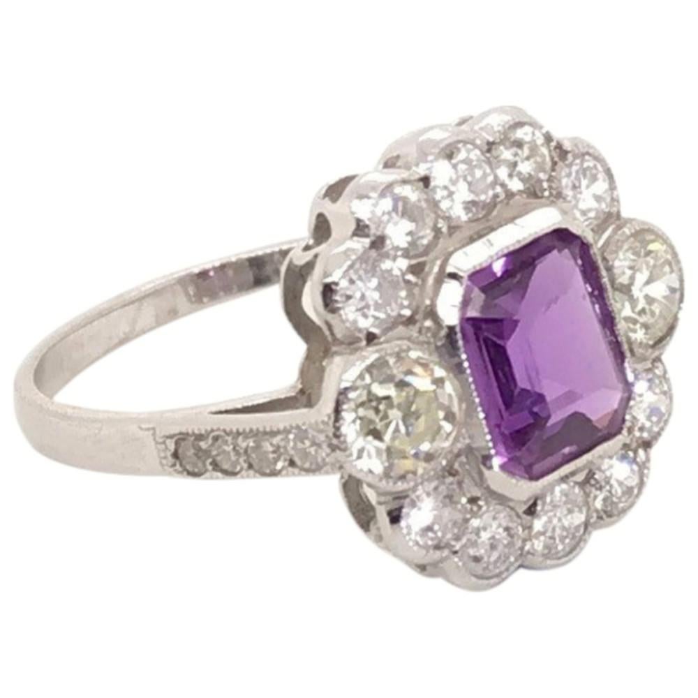 Victorian 1.20 Carat Purple Sapphire and Diamond 18 Karat White Gold Ring For Sale