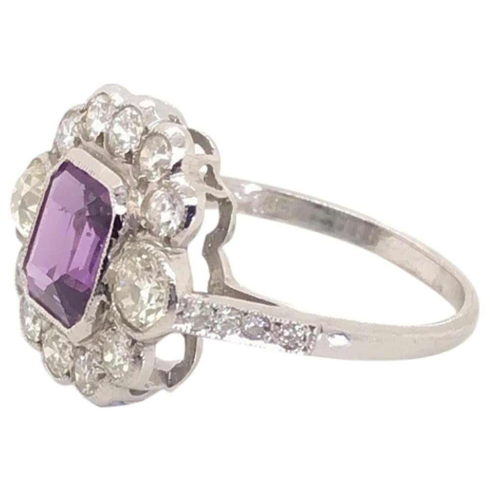Emerald Cut 1.20 Carat Purple Sapphire and Diamond 18 Karat White Gold Ring For Sale