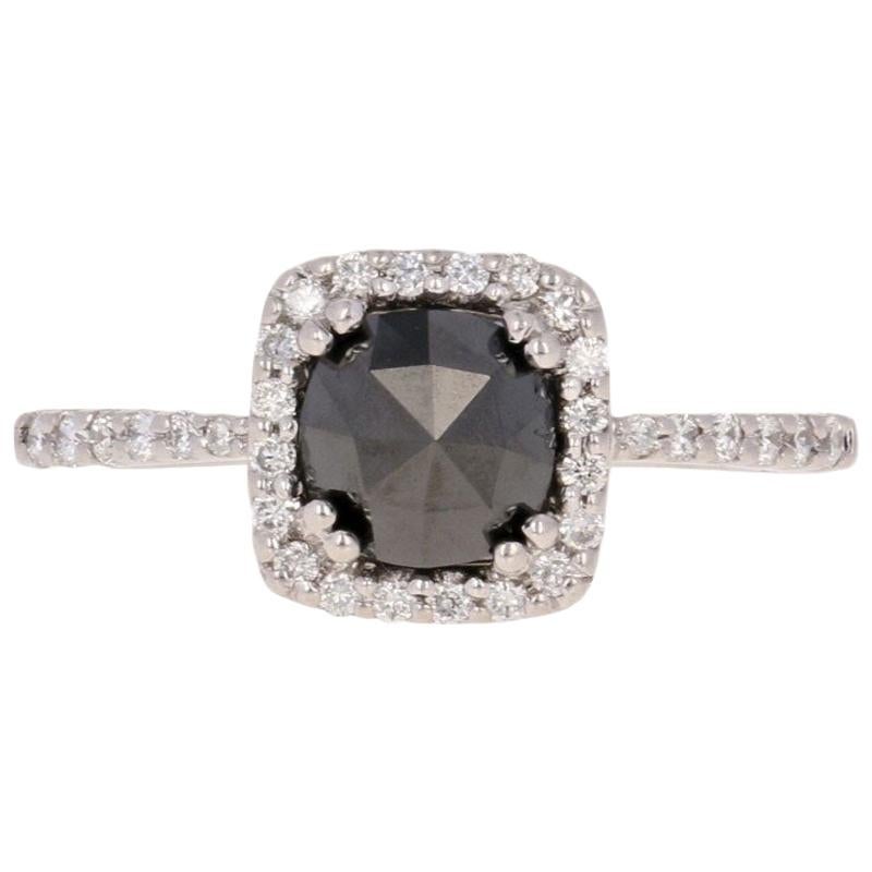 1.20 Carat Rose Cut Black Diamond Halo Engagement Ring, 14 Karat White Gold