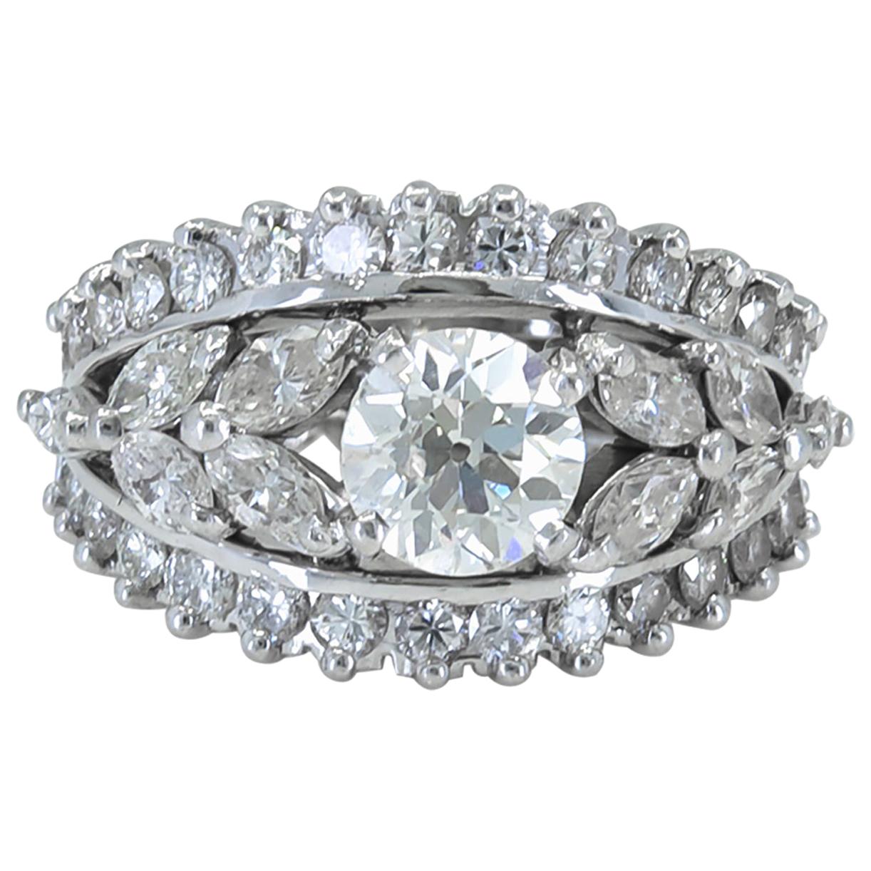 1.20 Carat Round and Marquise Diamond Gold Ring For Sale