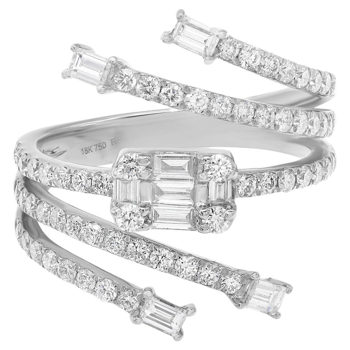 1.20 Carat Round & Baguette Cut Diamond Fashion Ring 18K White Gold For Sale