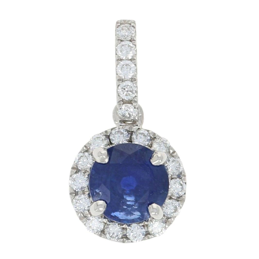1.20 Carat Round Cut Sapphire and Diamond Pendant, 14 Karat White Gold Halo For Sale