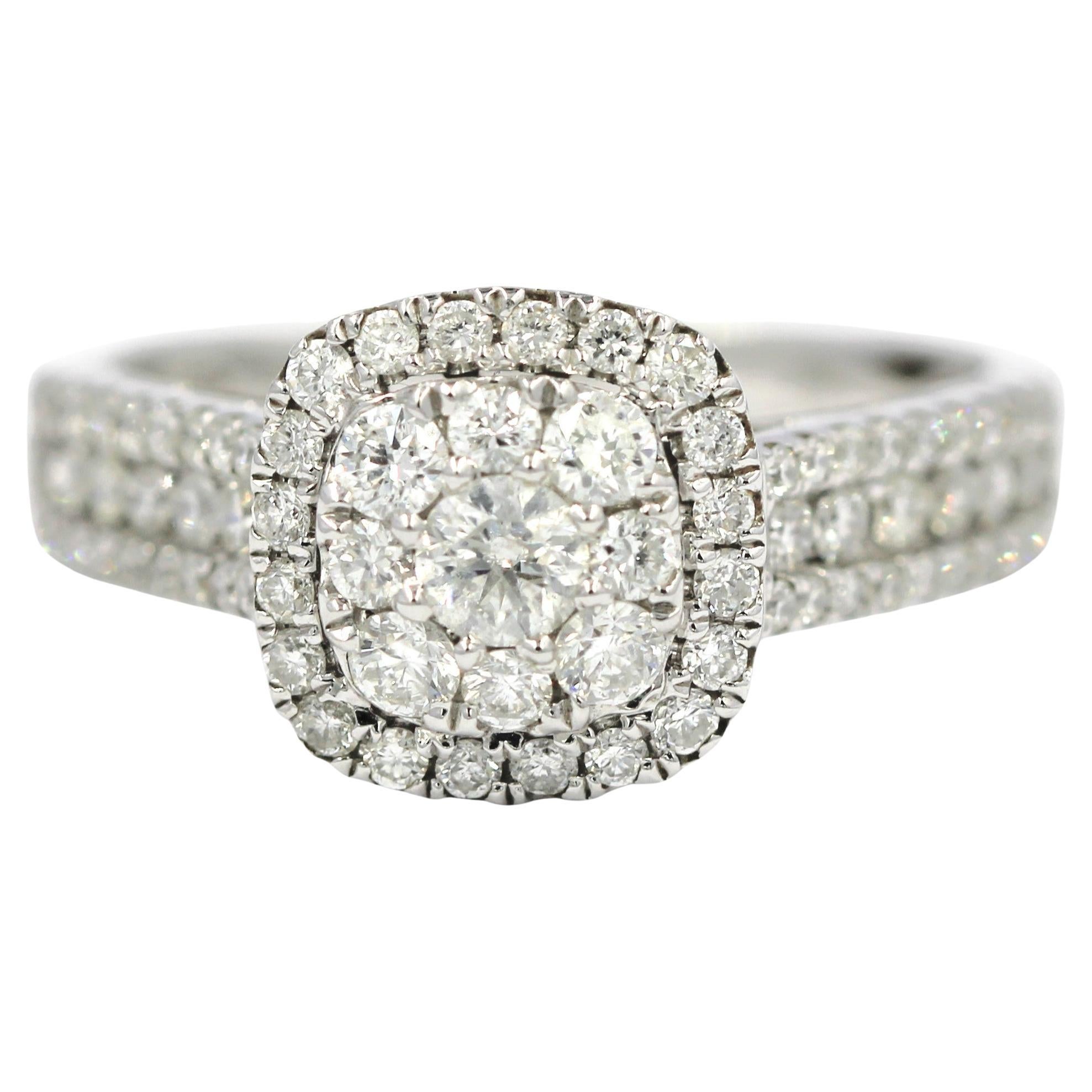 Anillo de compromiso con halo de diamantes redondos de 1,20 quilates, oro blanco de 14 quilates, talla 7