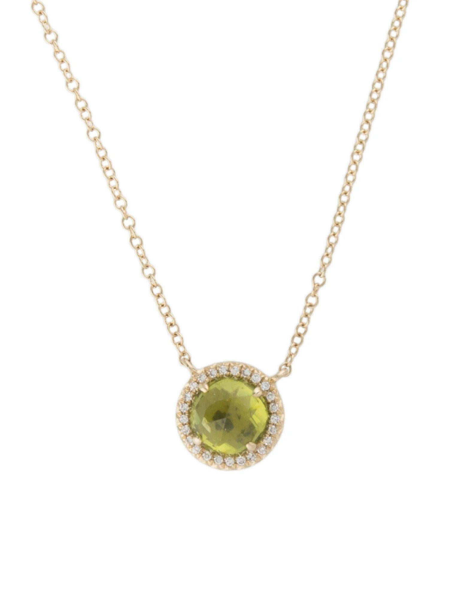 This Peridot & Diamond Pendant is a stunning and timeless accessory that can add a touch of glamour and sophistication to any outfit. 

This pendant features a 1.20 Carat Round Peridot, with a Diamond Halo comprised of 0.06 Carats of Single Cut