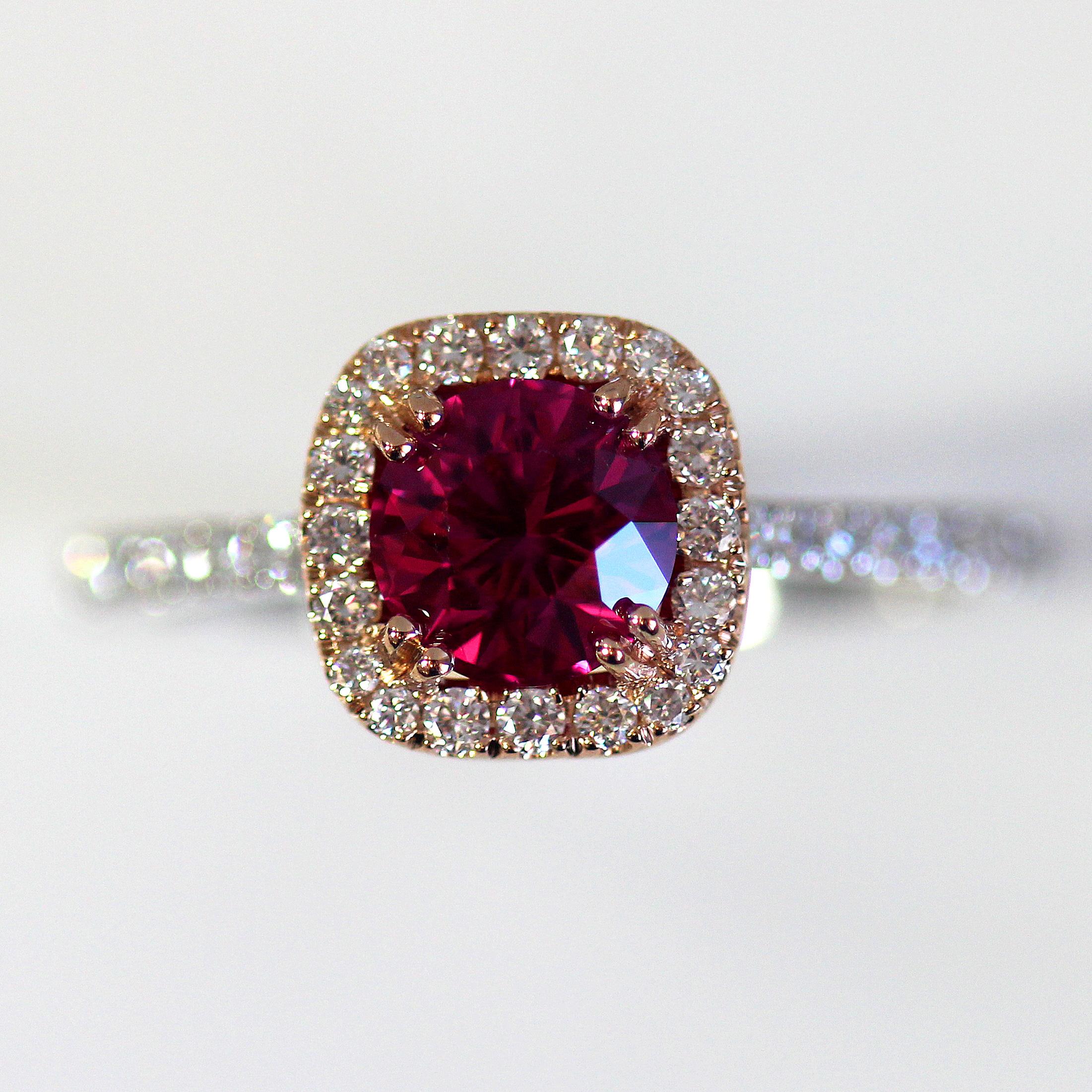 BV206001
Ring may have to be made to order depending on finger size , please allow 3 to 6 weeks but if you have a sooner delivery date needed let us know and we will see if we can accommodate you.

Stunning 1.20 Carat Round Vivid Red Ruby. Set in a