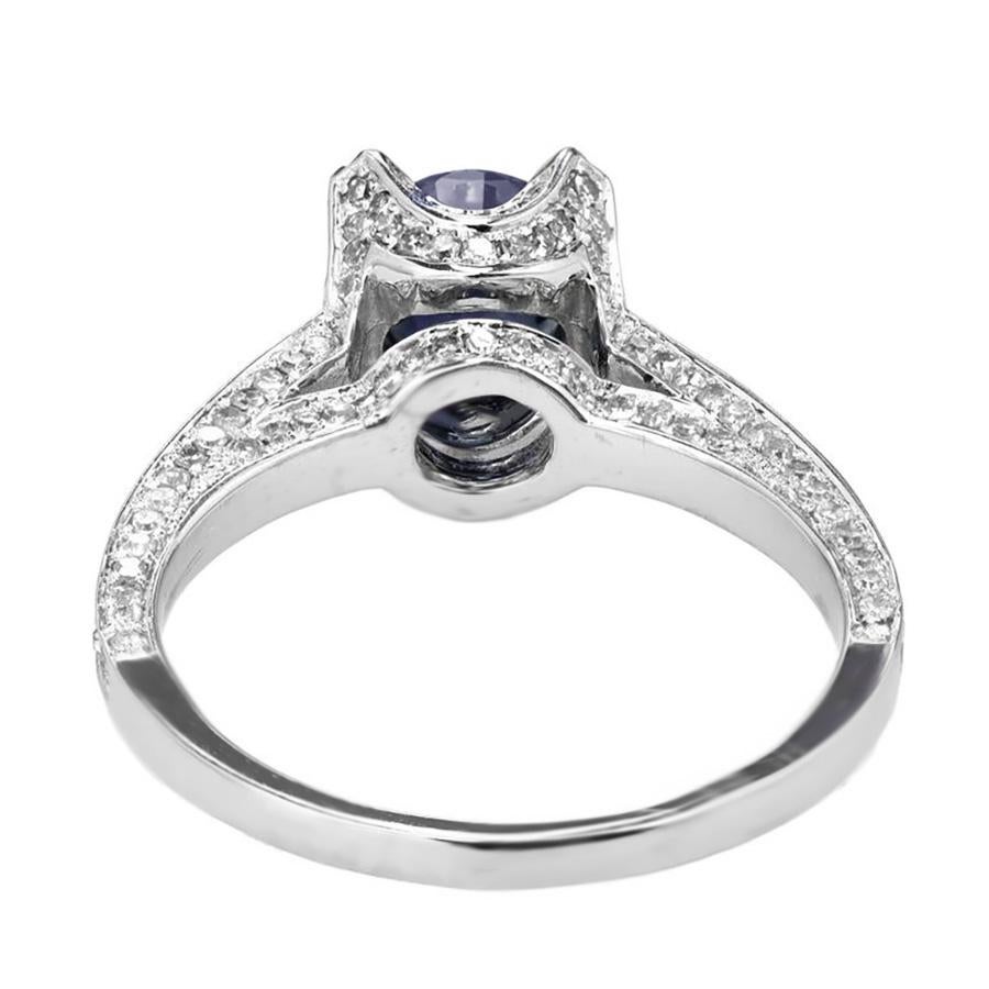 1.20 Carat Round Sapphire Micro Pavé Diamond Gold Engagement Ring Bon état - En vente à Stamford, CT