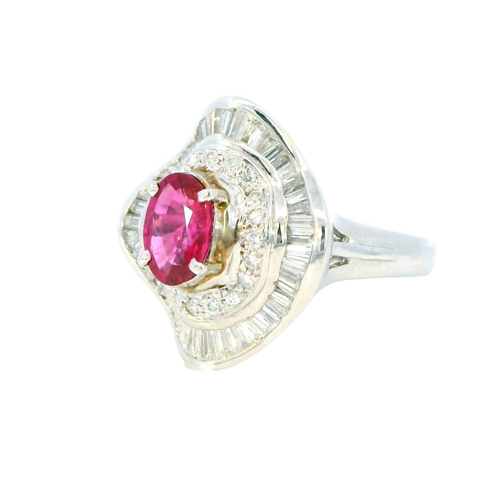 Baguette Cut 1.20 Carat Ruby and 1.00 Carat Diamond Ring For Sale