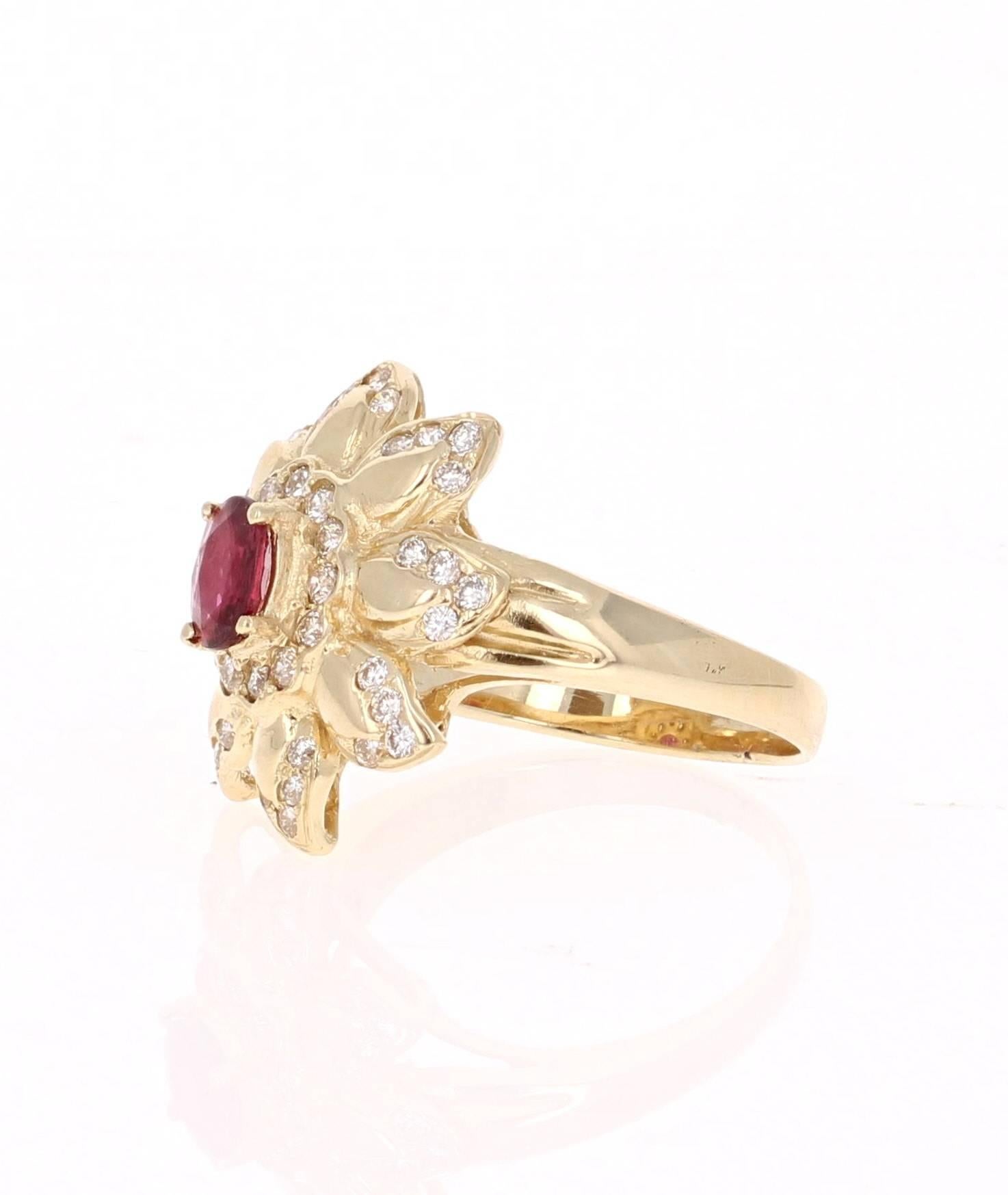 This ring has an Oval Cut Burmese Ruby set in the center of the ring that weighs 0.58 carat.  The measurements of the Ruby are 5mm x 6mm. There are also 44 Round Cut Diamonds that weigh 0.62 carat.  The total carat weight of the ring is 1.20 carats.