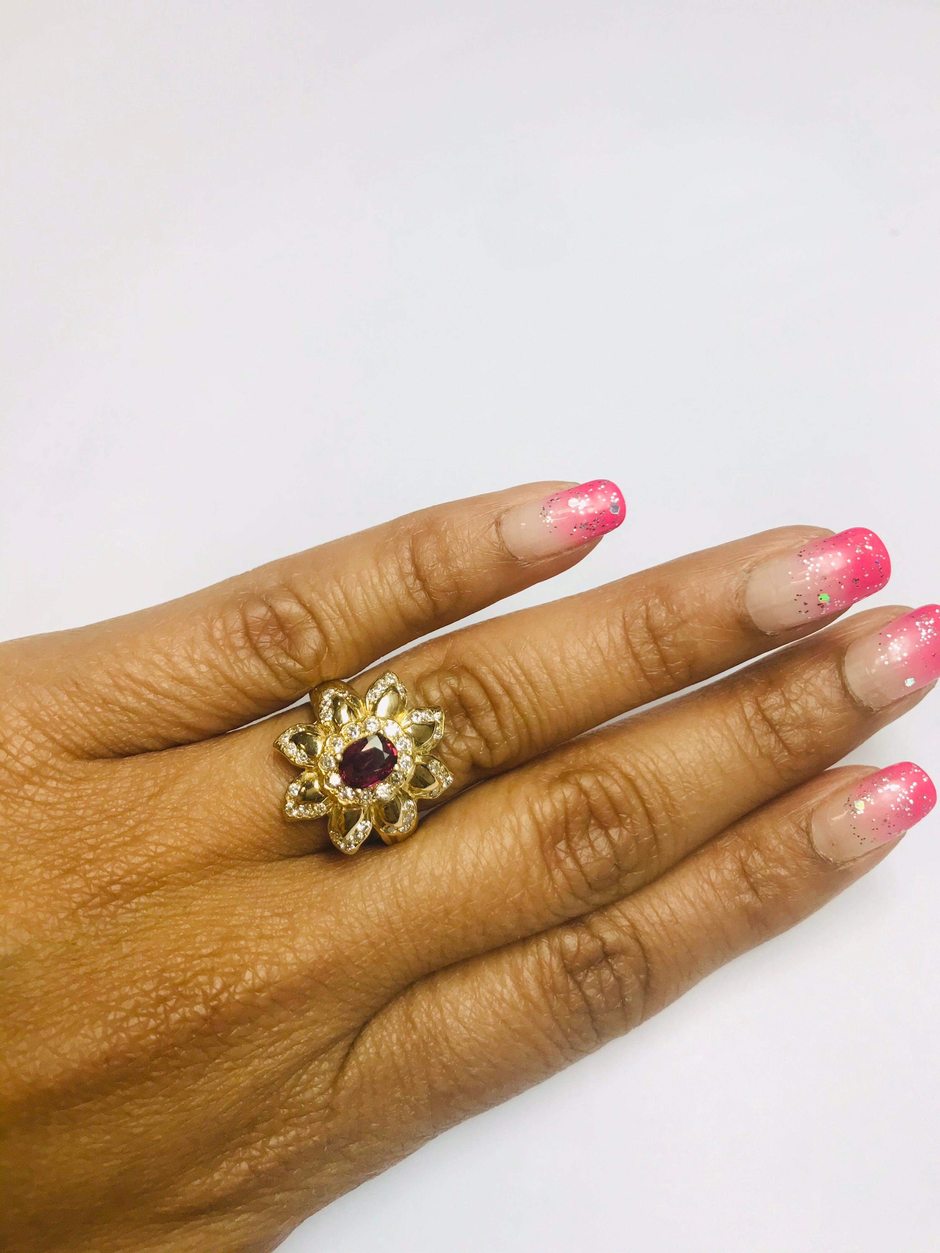 1.20 Carat Ruby Diamond 14 Karat Yellow Gold Cocktail Ring In New Condition For Sale In Los Angeles, CA
