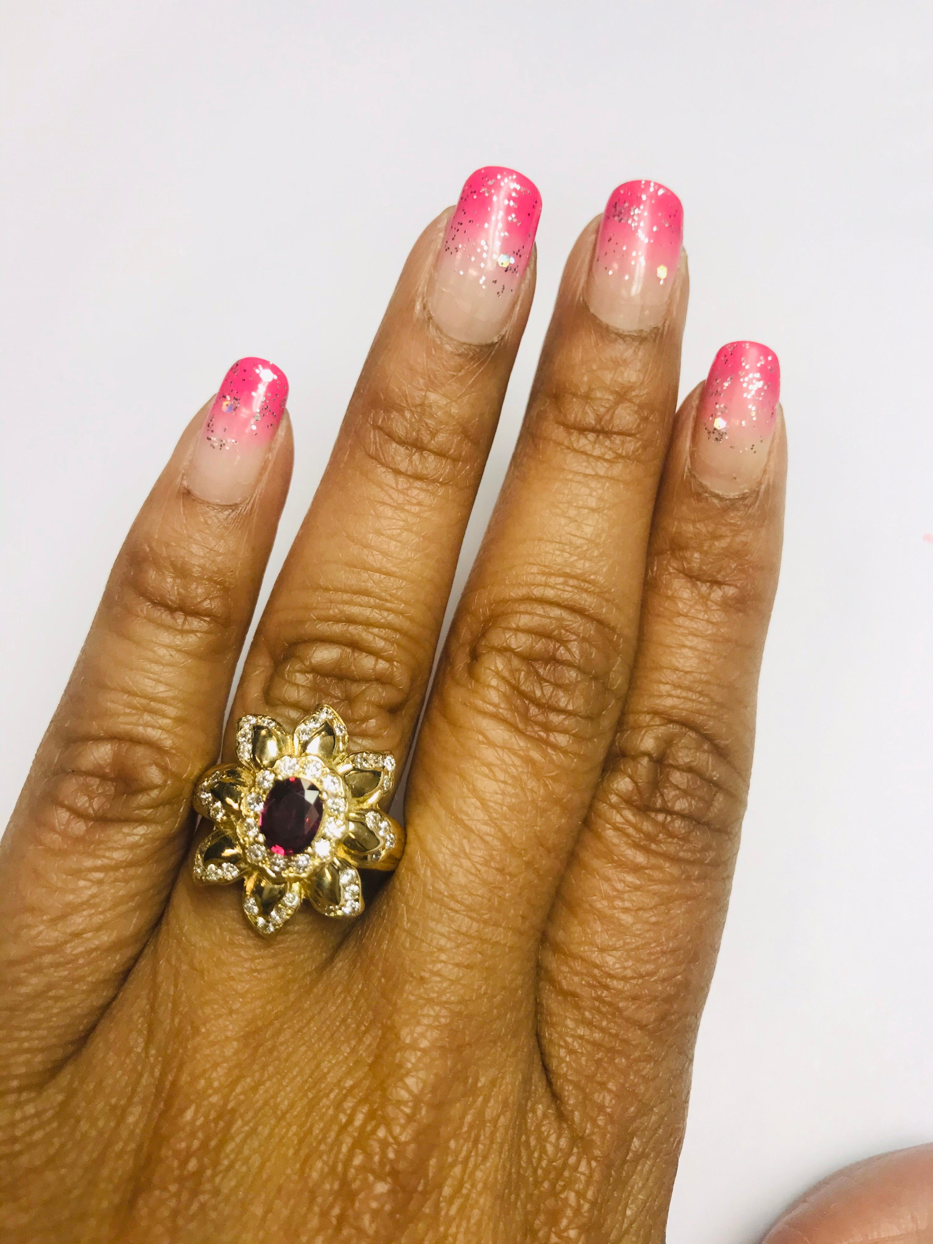 Women's 1.20 Carat Ruby Diamond 14 Karat Yellow Gold Cocktail Ring