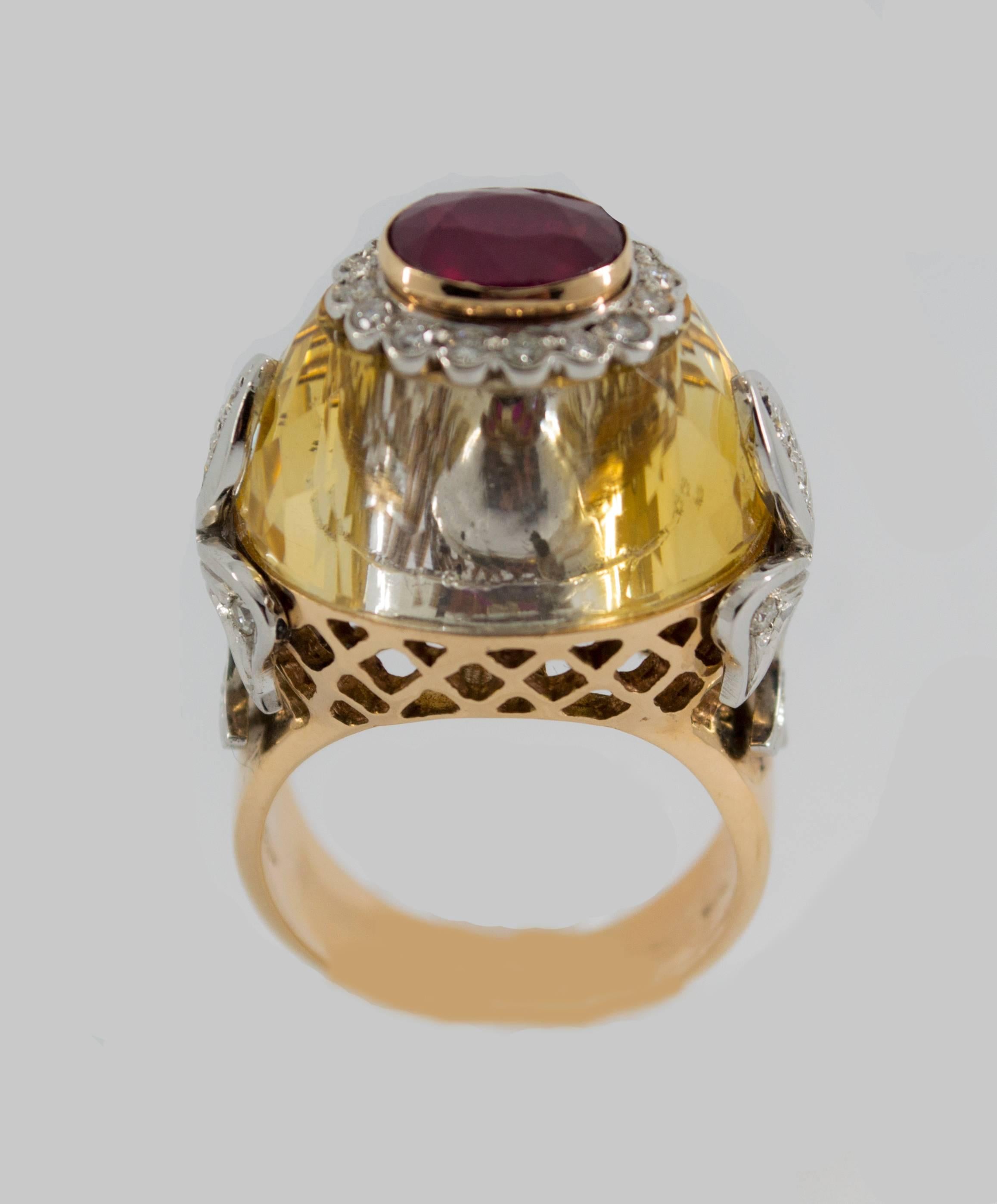 This ring is made of 14K Yellow Gold.
This ring has a 1.20 Carats Ruby.
This ring has 0.60 Carats of Diamonds.
Size ITA: 21 Size USA: 9.5
We're a workshop so every piece is handmade, customizable and resizable.