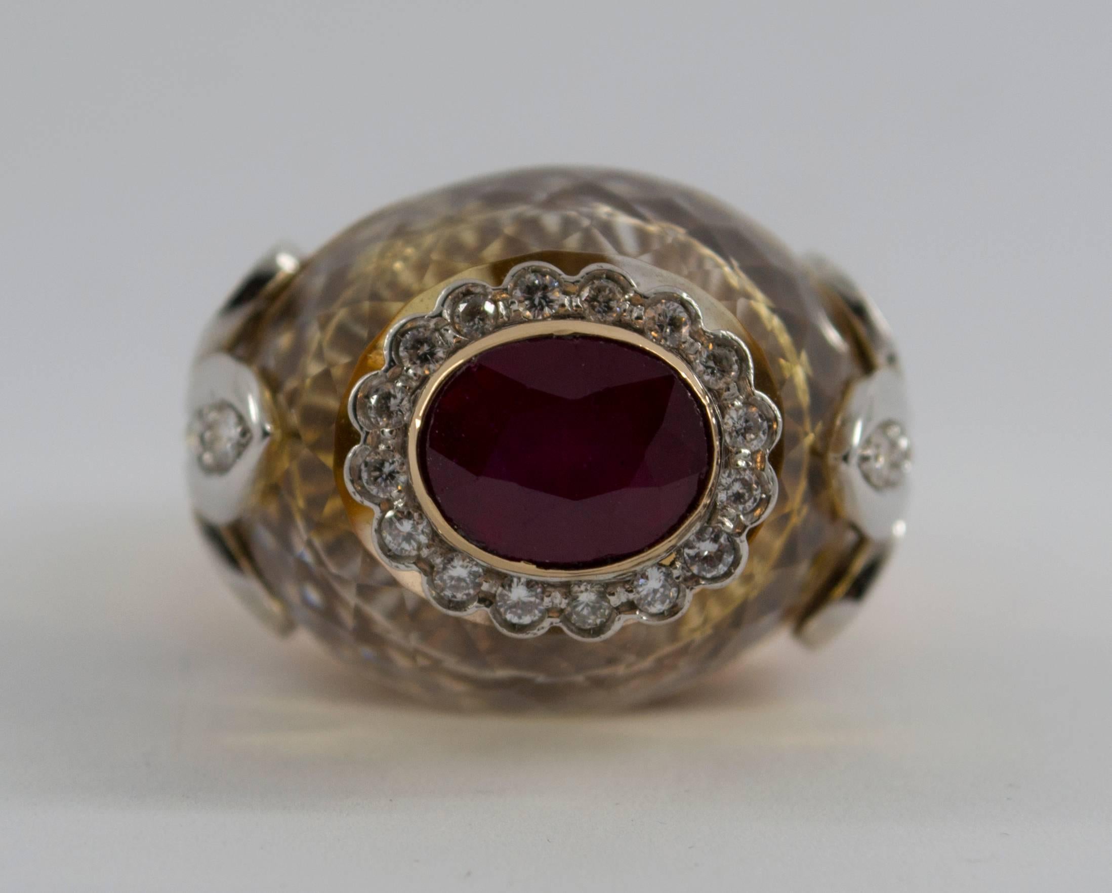 1.20 Carat Ruby Diamond Citrine Yellow Gold Cocktail Ring In New Condition In Naples, IT