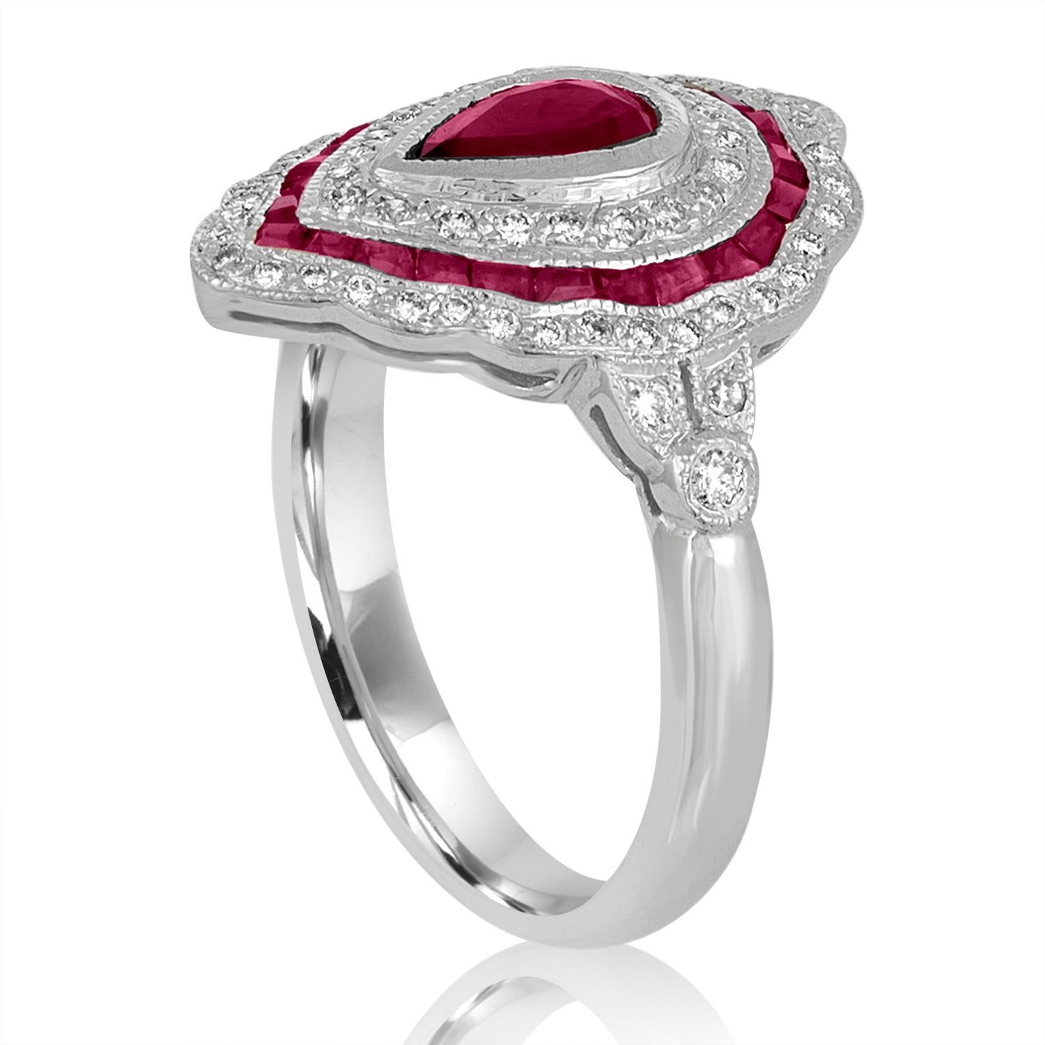 Art Deco Revival Style Ring
The ring is 18K White Gold
There are 0.40 Carats in Diamonds H SI
There are 0.80 Carats in Rubies
The ring is a size 6.50, sizable
The ring weighs 5.2 grams
