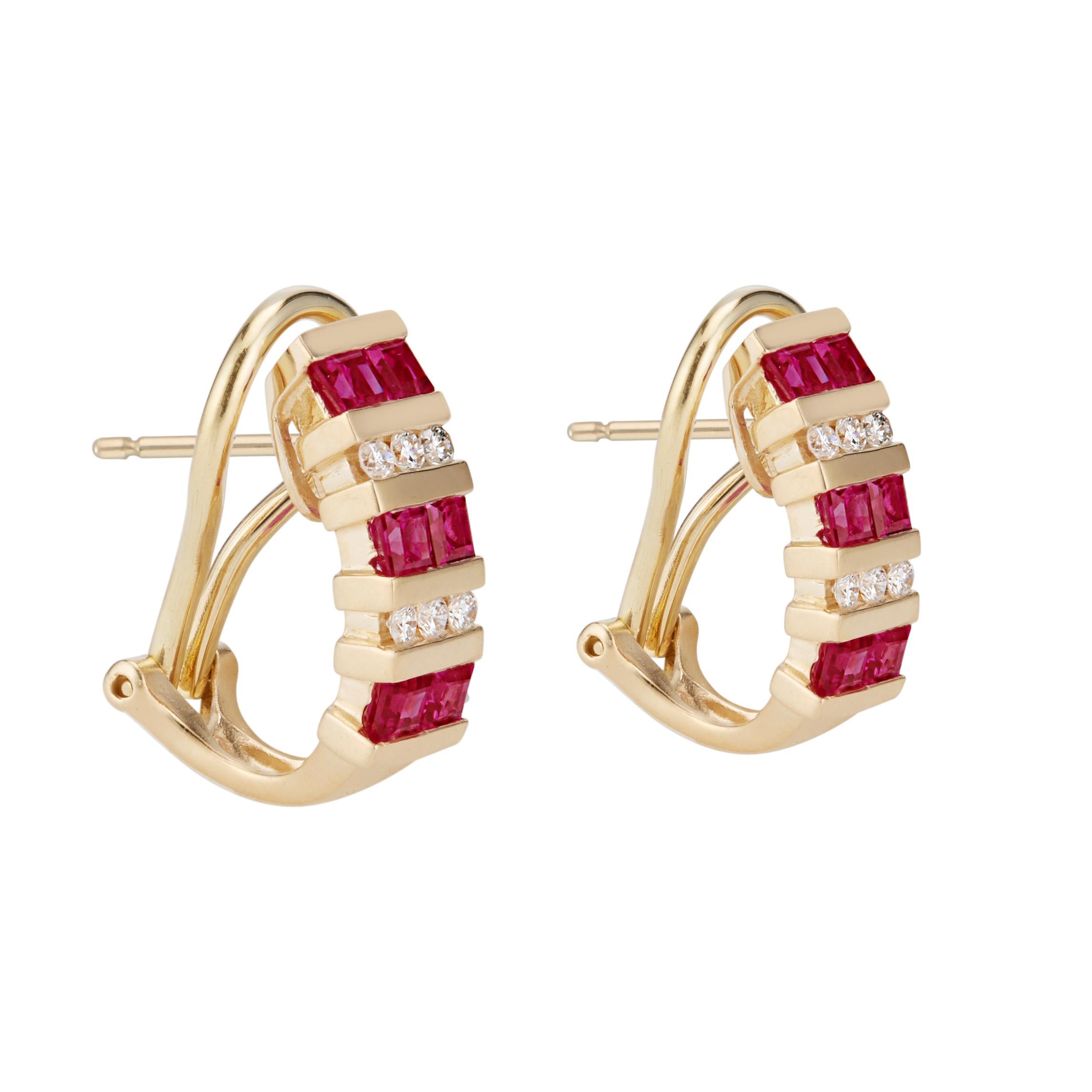 Ruby and diamond earrings. Half hoop style clip post 14k yellow gold settings with 12 channel set step cut square rubies and 12 round brilliant cut diamonds.  

12 round brilliant cut diamonds, G VS approx. .20cts
12 step cut square red rubies,