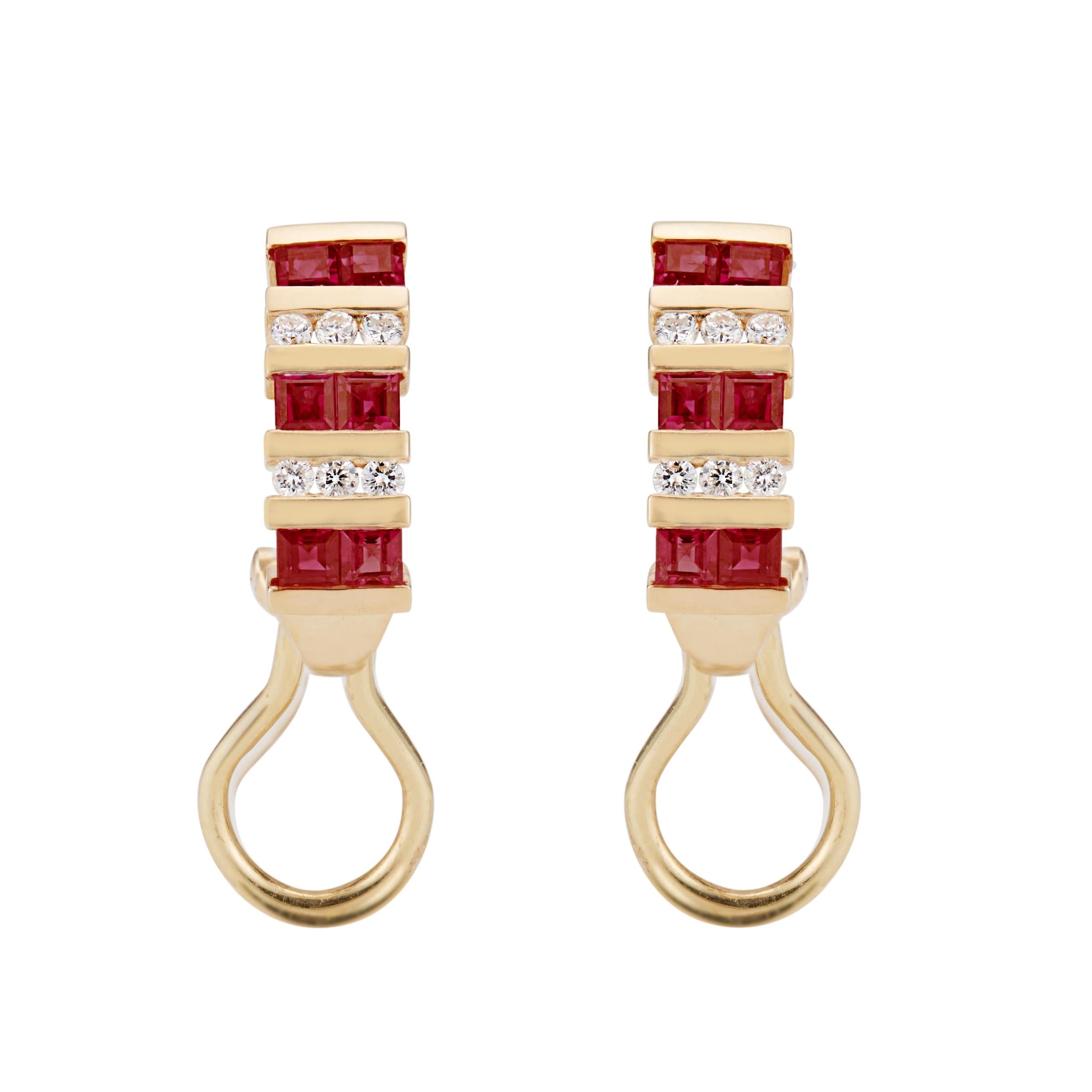 Women's 1.20 Carat Ruby Diamond Yellow Gold Hoop Earrings For Sale