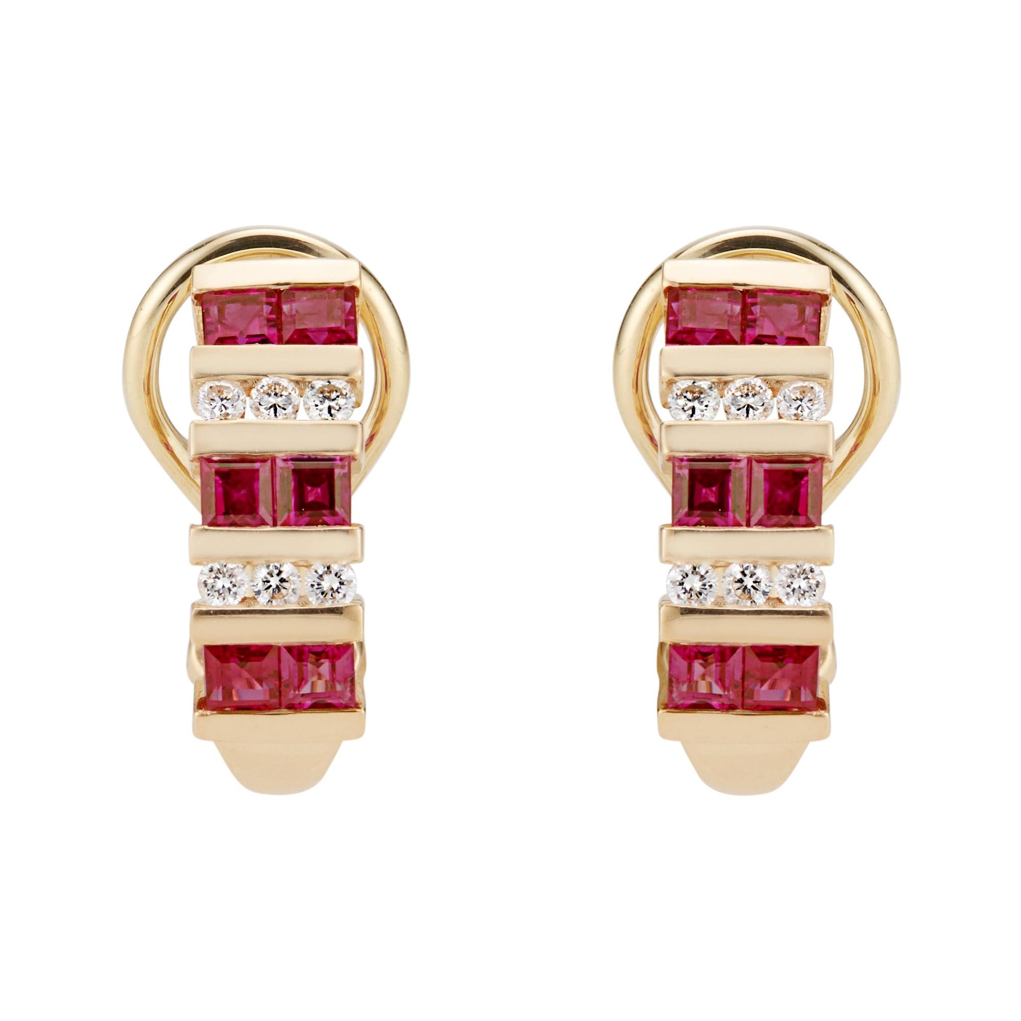 1.20 Carat Ruby Diamond Yellow Gold Hoop Earrings For Sale