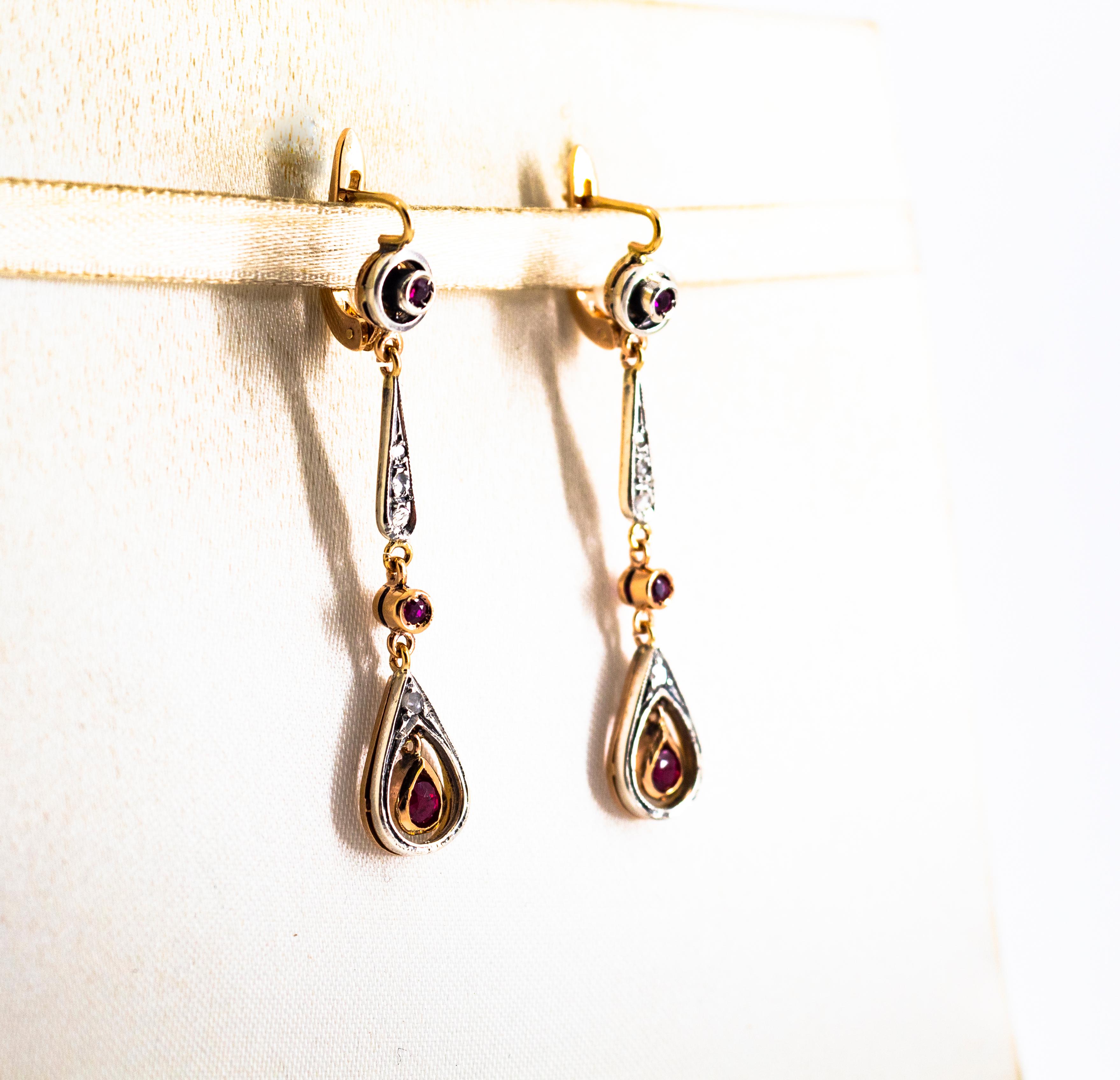Renaissance 1.20 Carat Ruby White Rose Cut Diamond Yellow Gold Lever-Back Drop Earrings For Sale