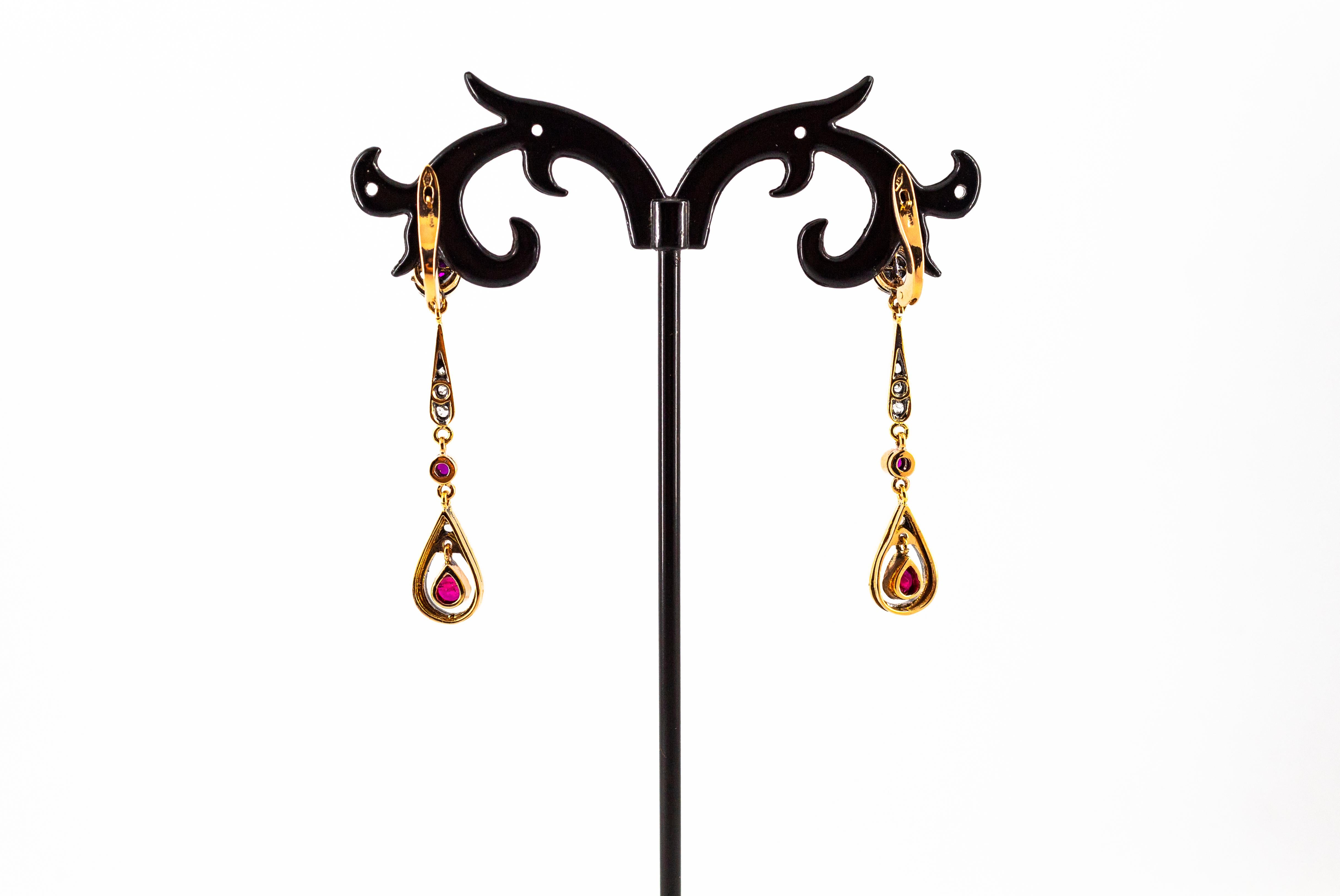 1.20 Carat Ruby White Rose Cut Diamond Yellow Gold Lever-Back Drop Earrings For Sale 2